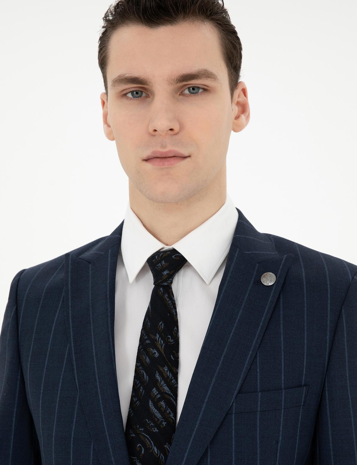 Lacivert Ex. Slim Fit Çizgili Yün Takım Elbise - 50285254017