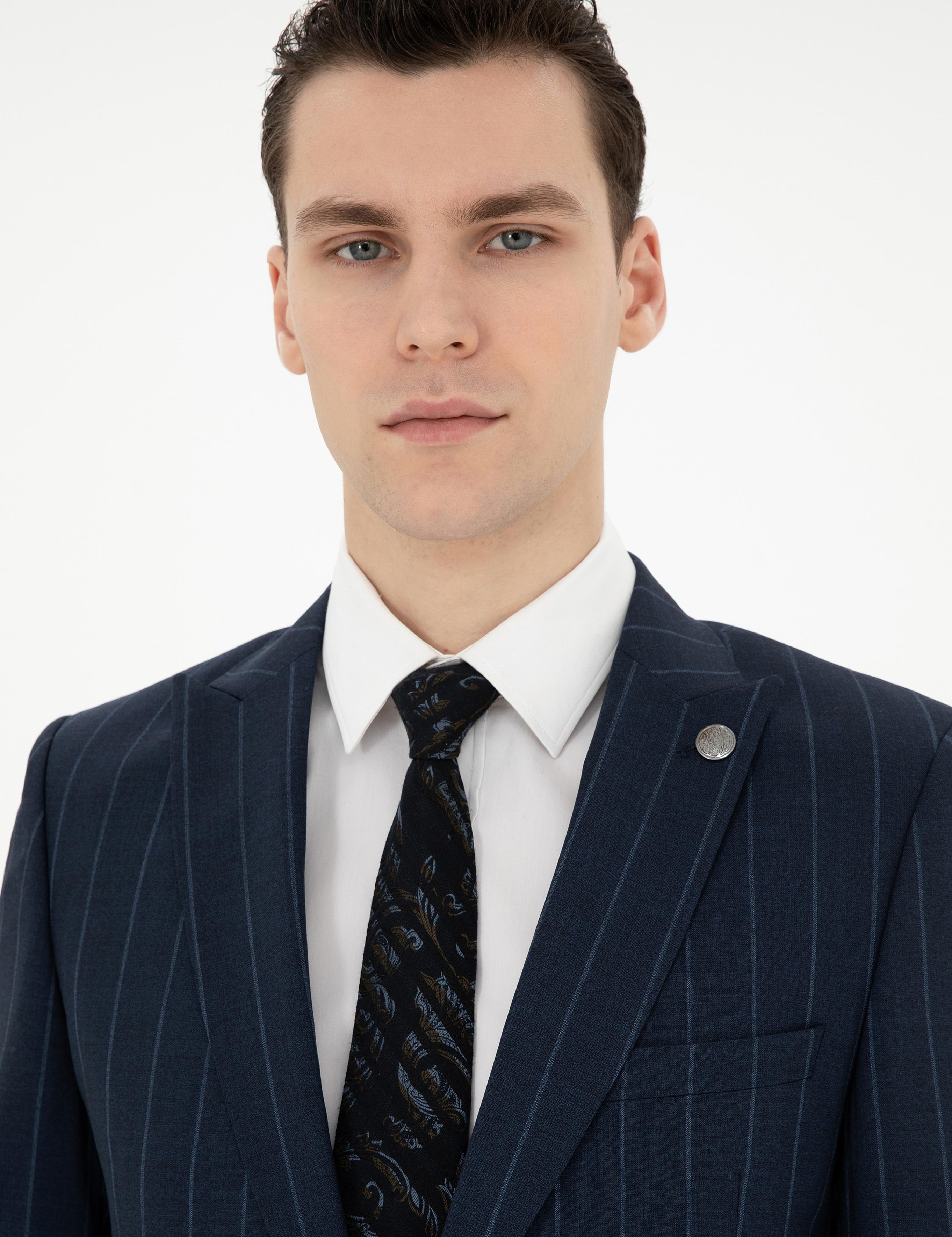 Lacivert Ex. Slim Fit Çizgili Yün Takım Elbise