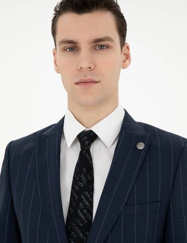Lacivert Extra Slim Fit Çizgili Yün Takım Elbise