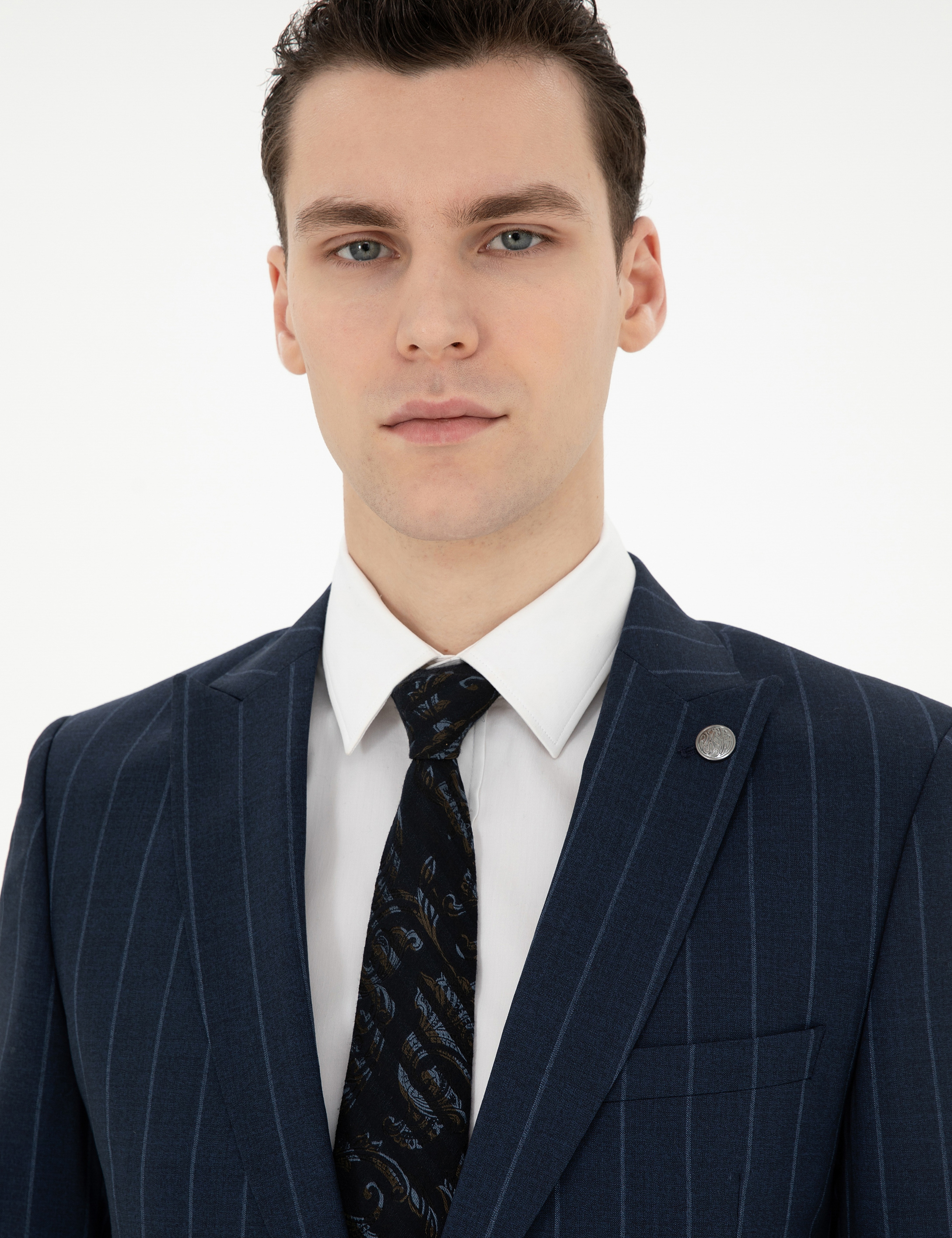 Lacivert Extra Slim Fit Çizgili Yün Takım Elbise - Image 2