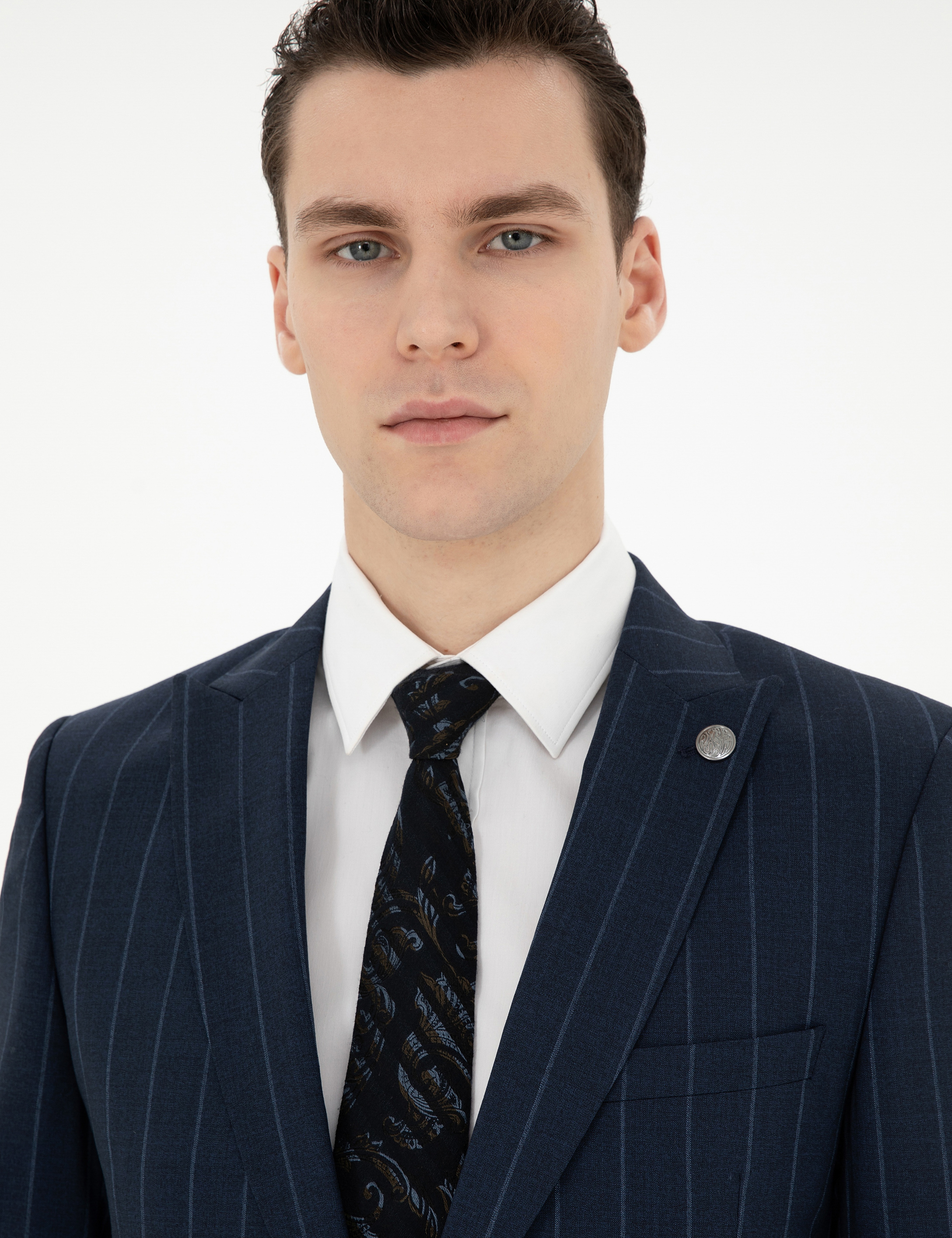 Lacivert Extra Slim Fit Çizgili Yün Takım Elbise