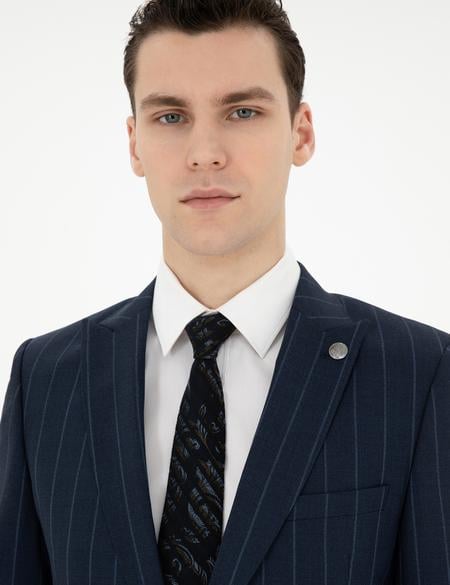 Lacivert Ex. Slim Fit Çizgili Yün Takım Elbise - 50285254017