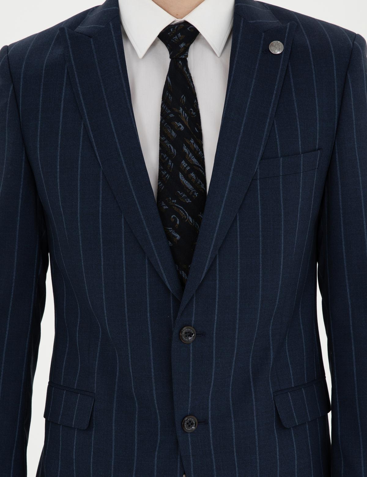 Lacivert Ex. Slim Fit Çizgili Yün Takım Elbise - 50285254017