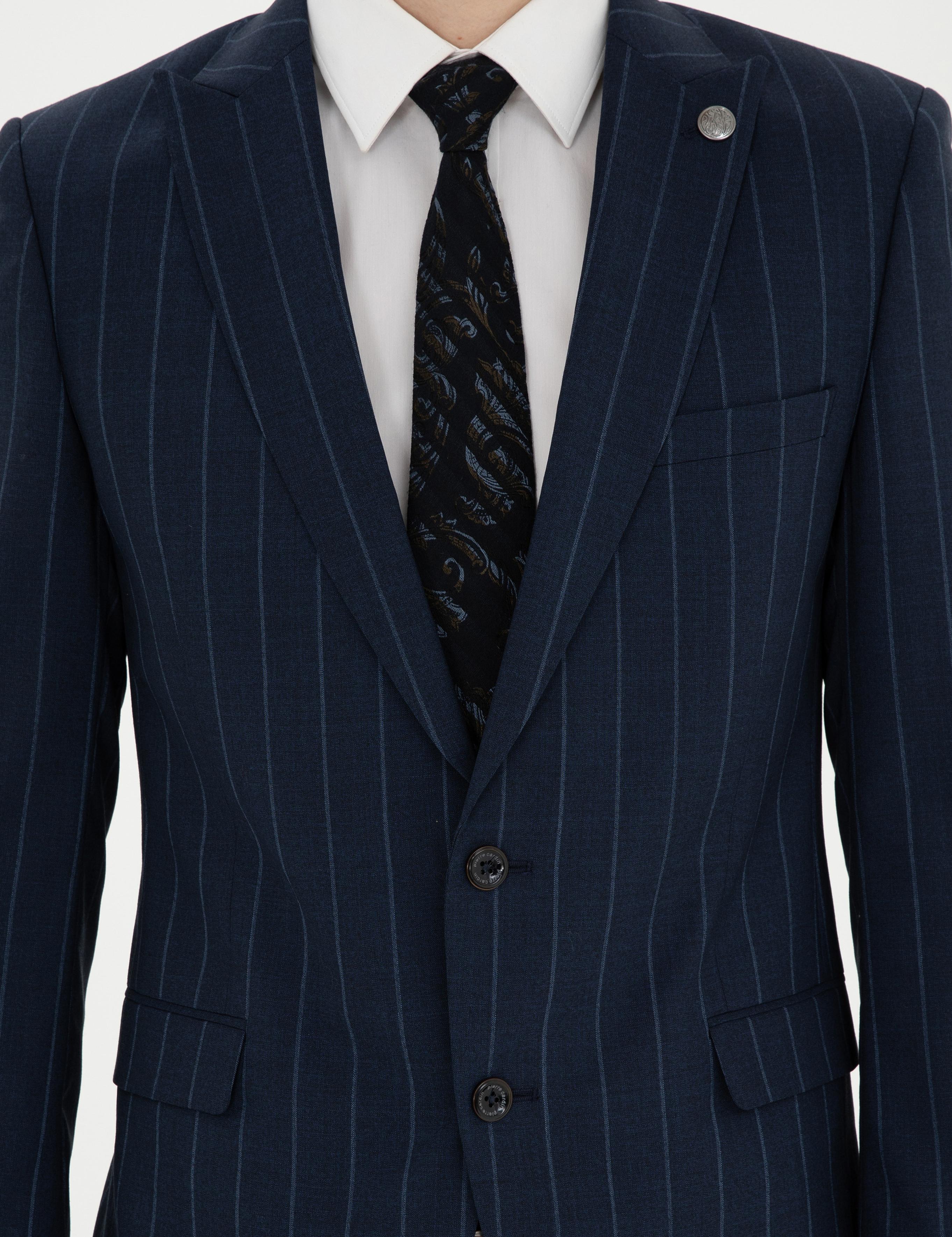 Lacivert Ex. Slim Fit Çizgili Yün Takım Elbise