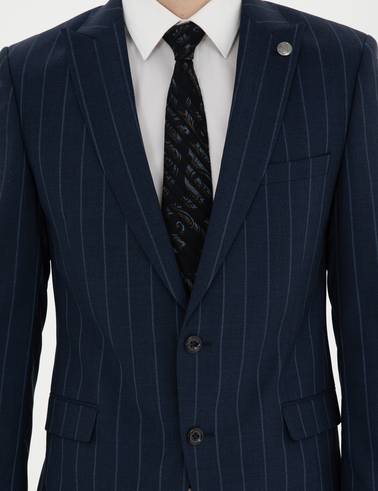 Lacivert Extra Slim Fit Çizgili Yün Takım Elbise