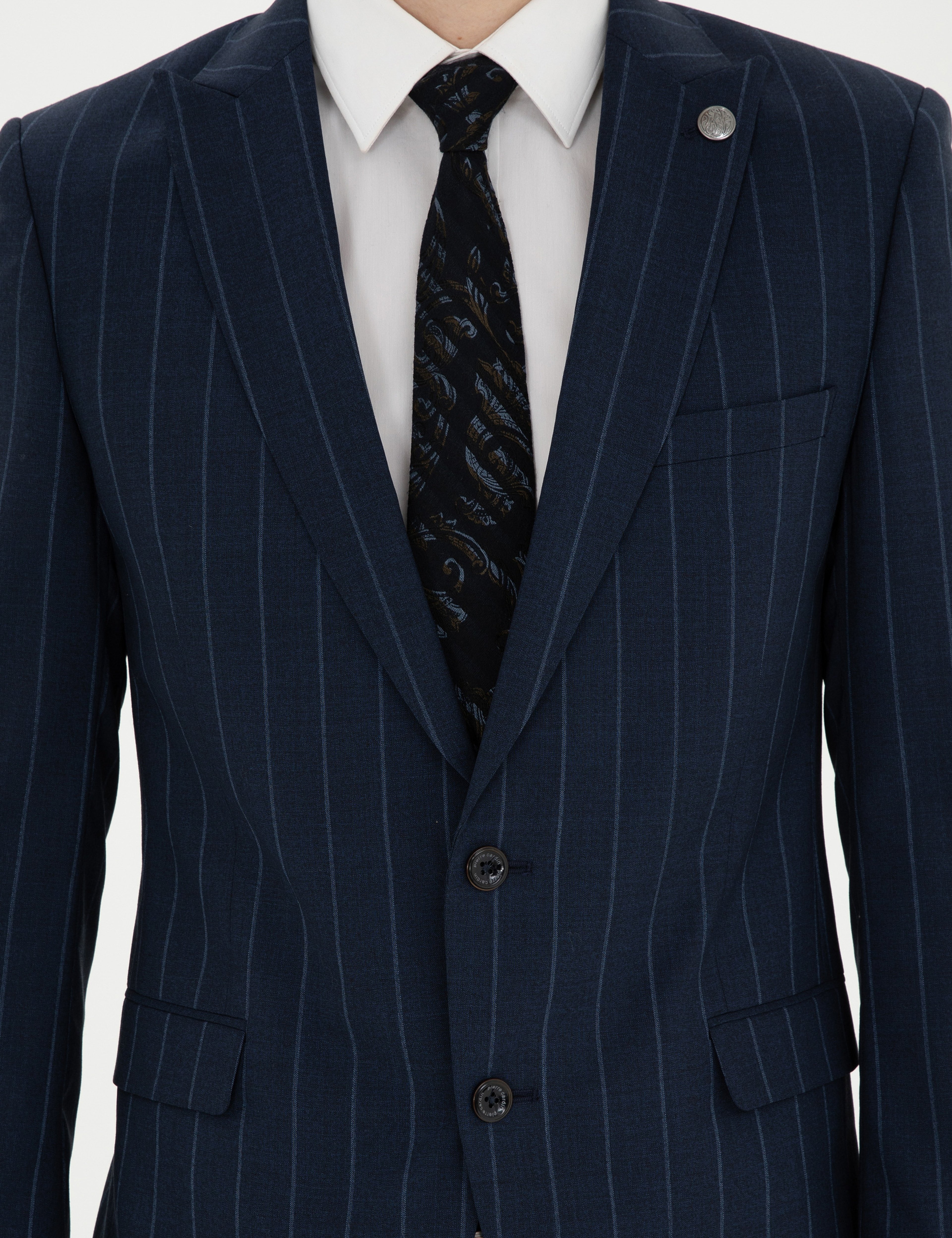 Lacivert Extra Slim Fit Çizgili Yün Takım Elbise - Image 6