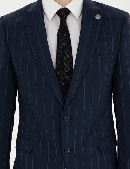 Lacivert Ex. Slim Fit Çizgili Yün Takım Elbise - 50285254017