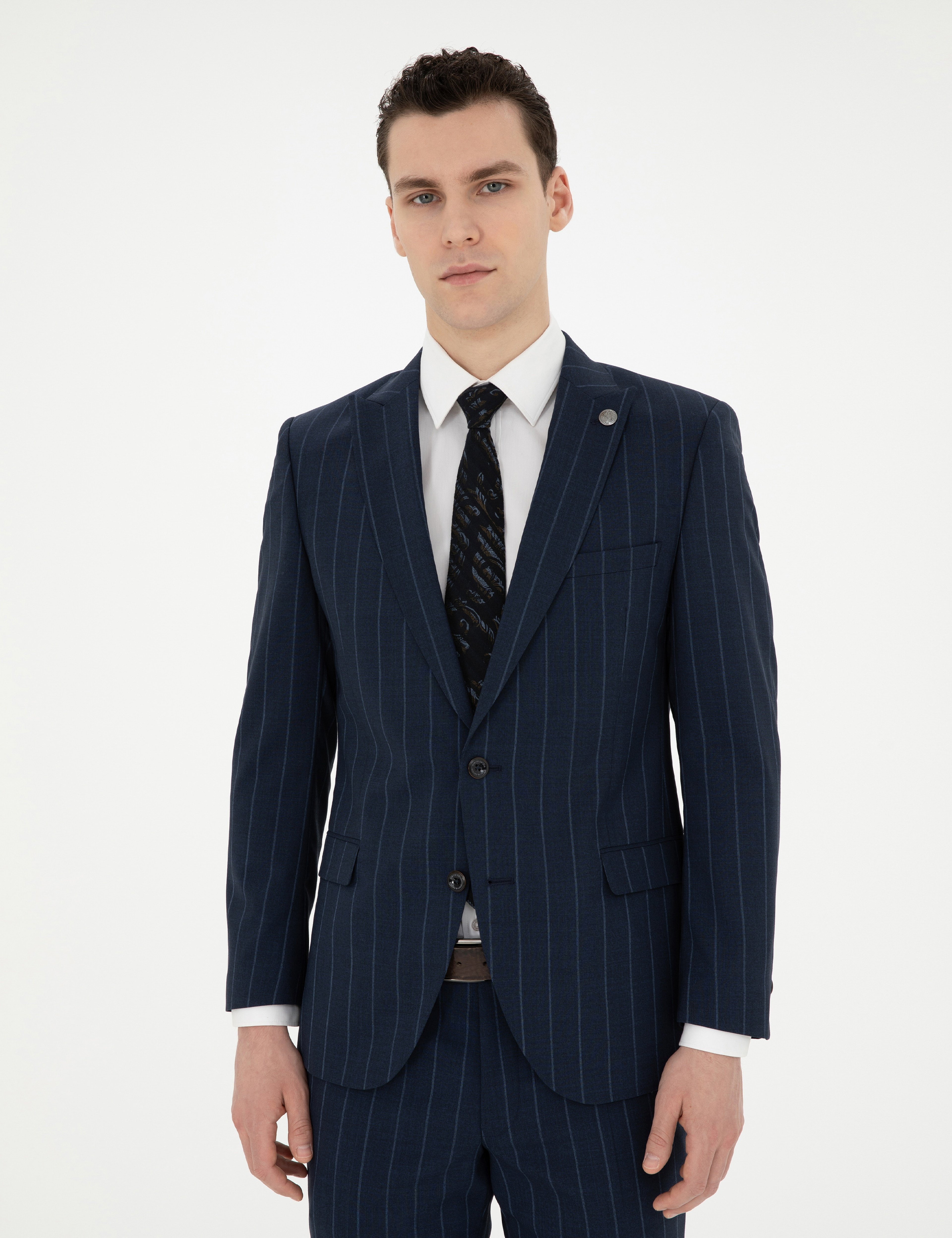 Lacivert Extra Slim Fit Çizgili Yün Takım Elbise