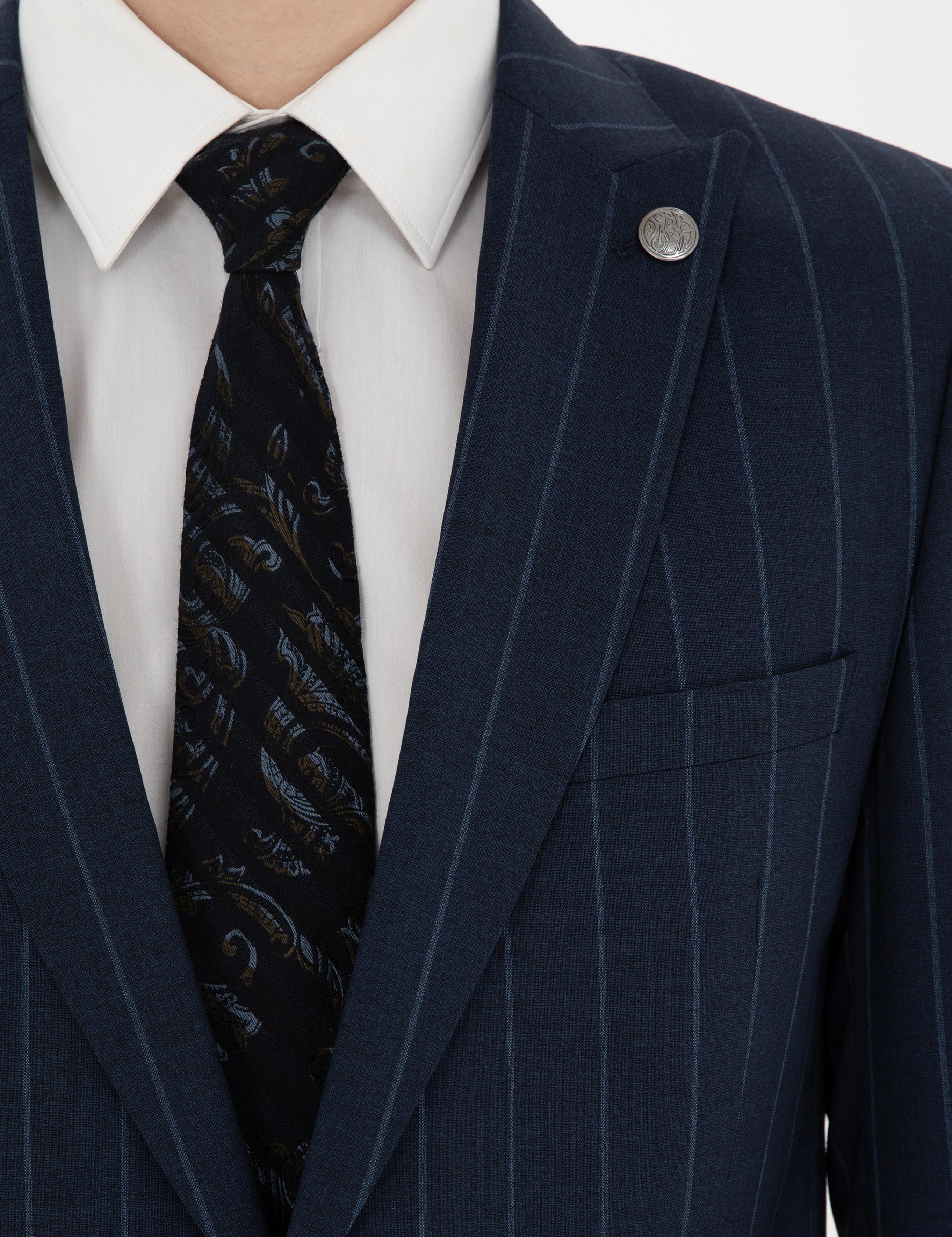 Lacivert Ex. Slim Fit Çizgili Yün Takım Elbise