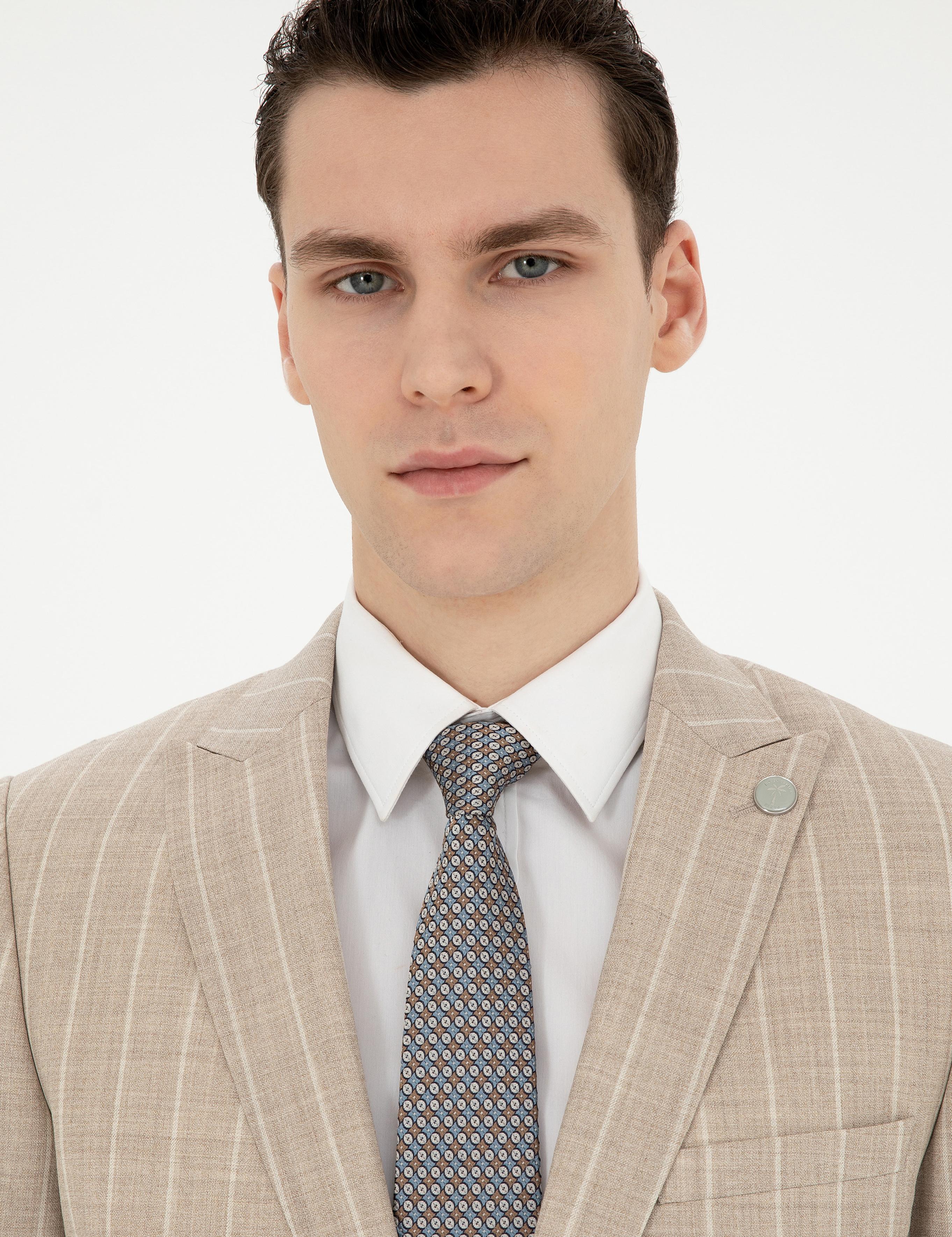 Bej Ekstra Slim Fit Çizgili Yün Takım Elbise