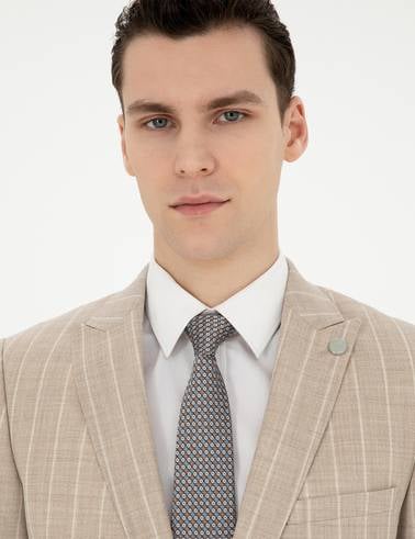 Bej Ekstra Slim Fit Çizgili Yün Takım Elbise