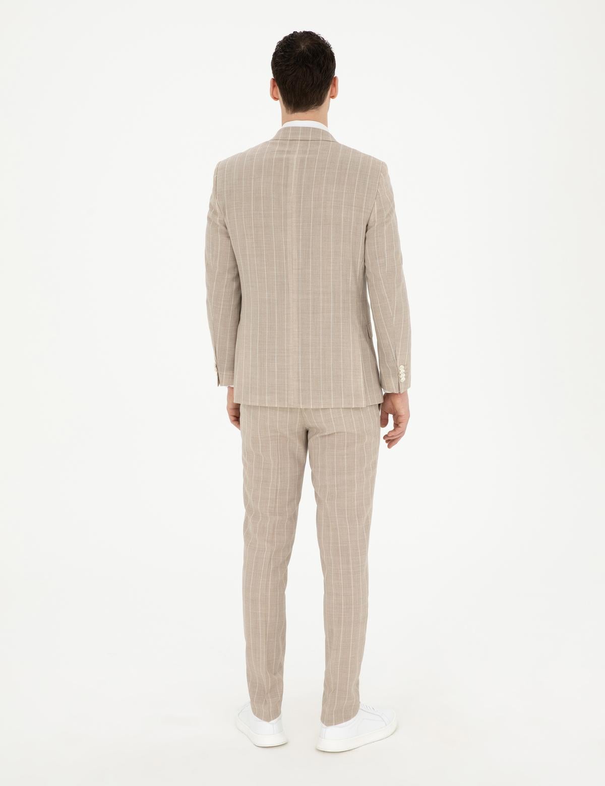 Bej Ekstra Slim Fit Çizgili Yün Takım Elbise - 50285416008