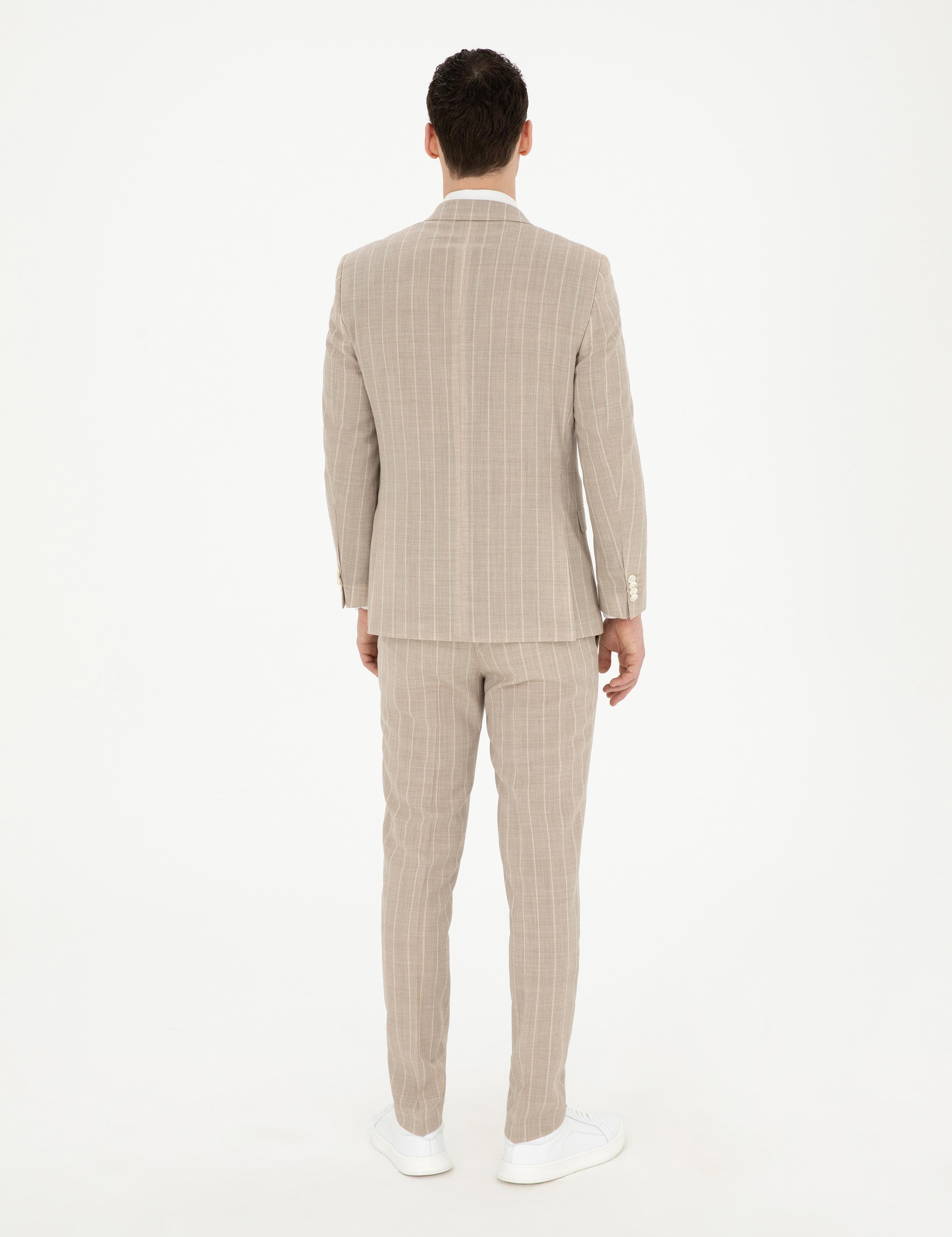 Bej Ekstra Slim Fit Çizgili Yün Takım Elbise