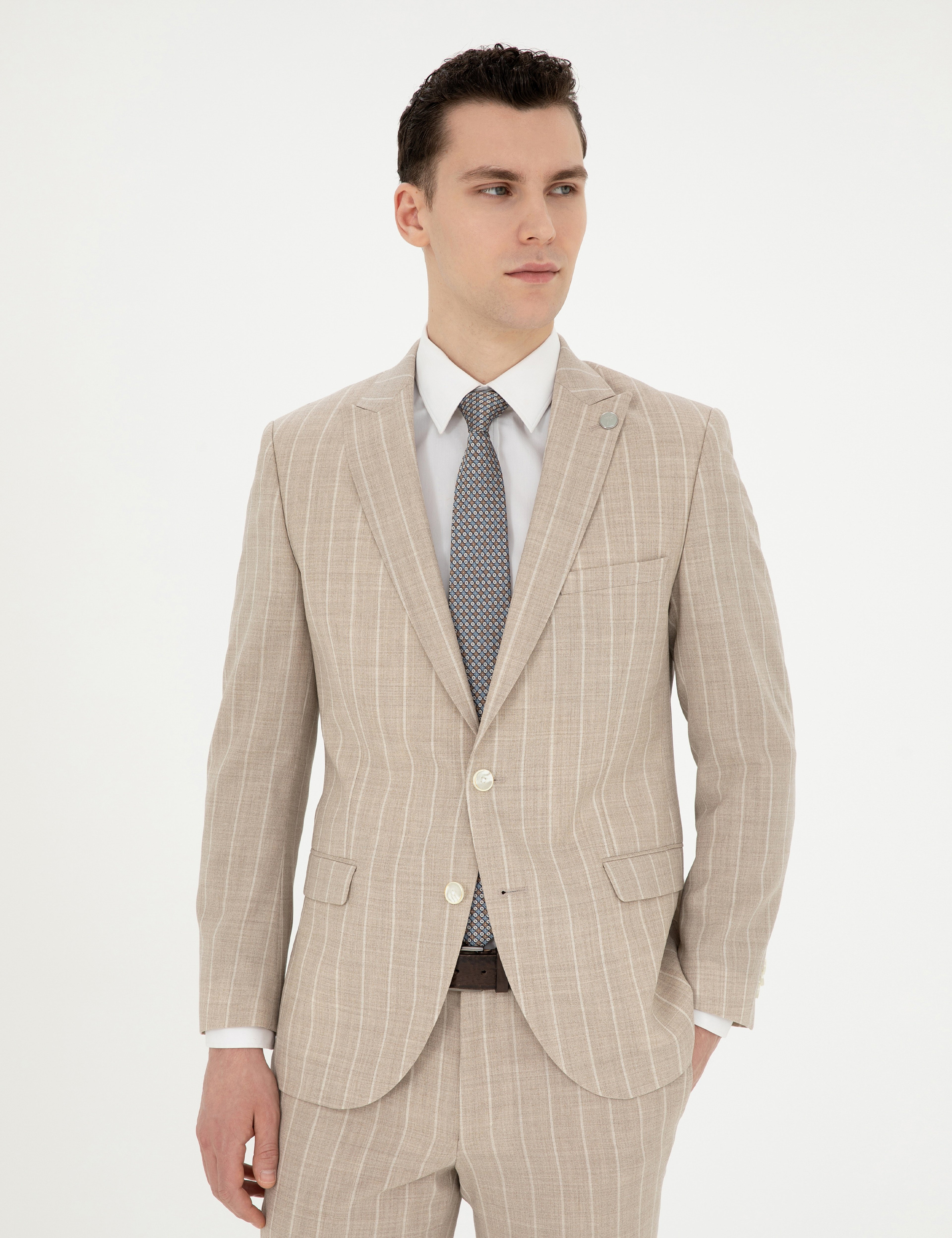Bej Ekstra Slim Fit Çizgili Yün Takım Elbise - Image 4