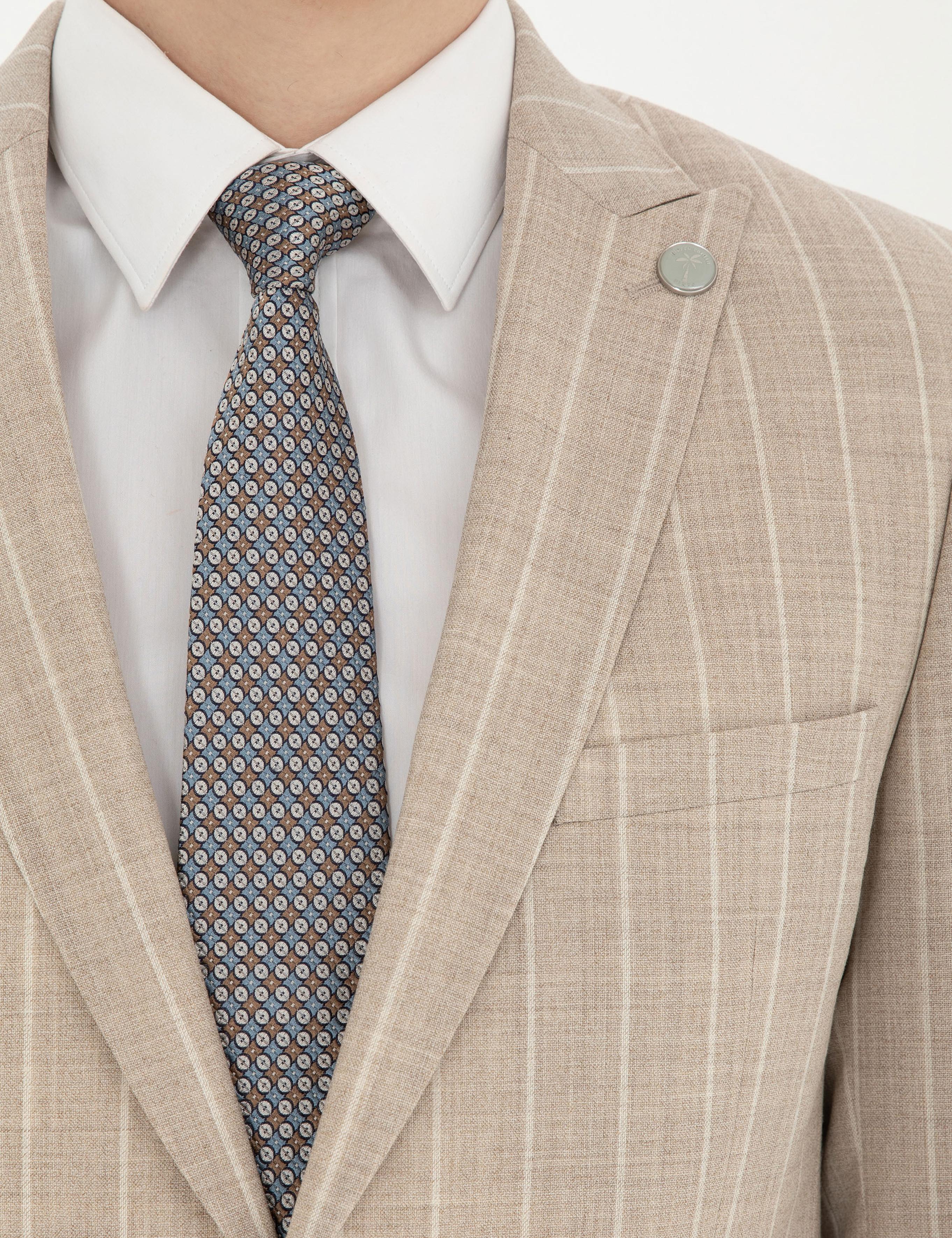 Bej Ekstra Slim Fit Çizgili Yün Takım Elbise