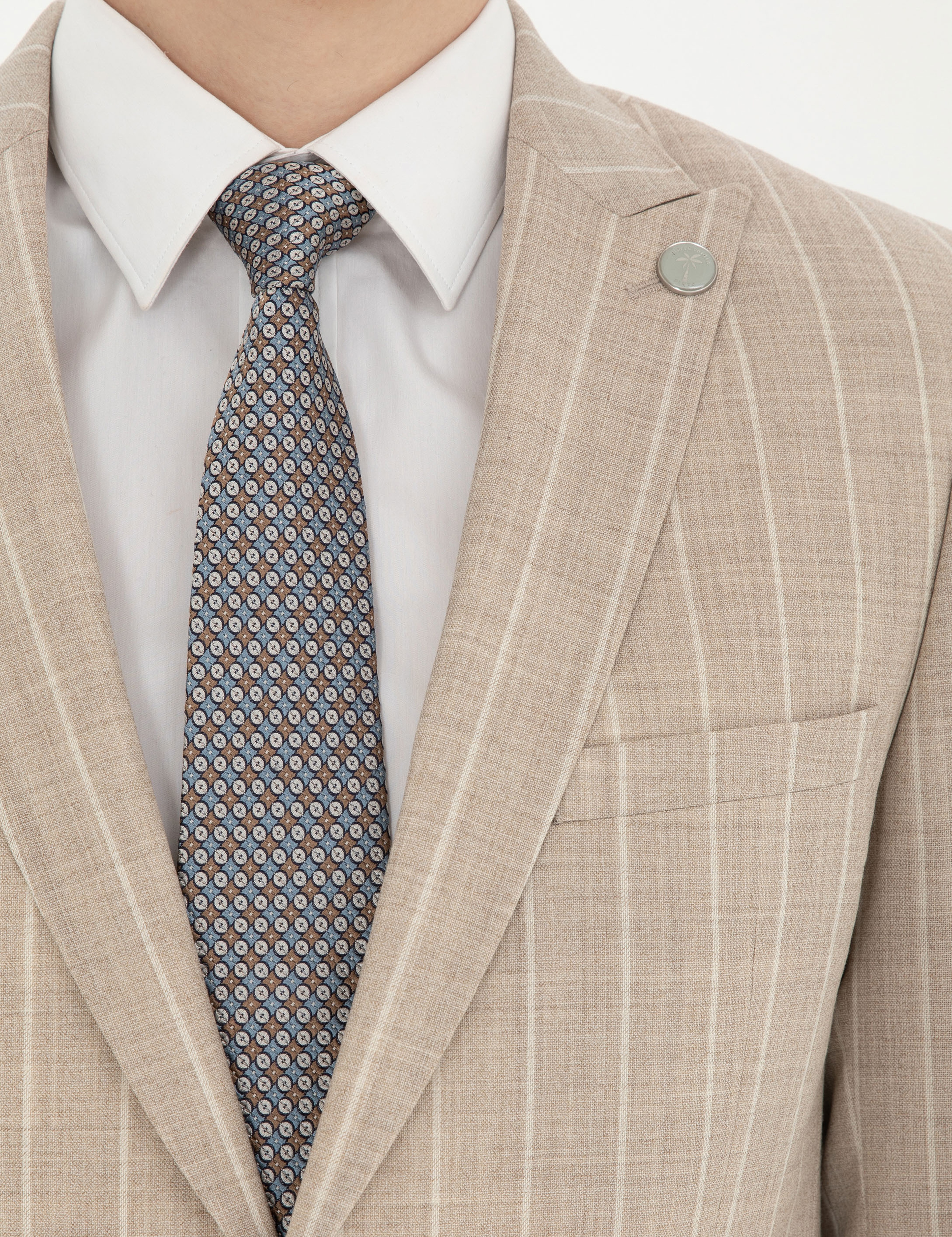 Bej Ekstra Slim Fit Çizgili Yün Takım Elbise - Image 7