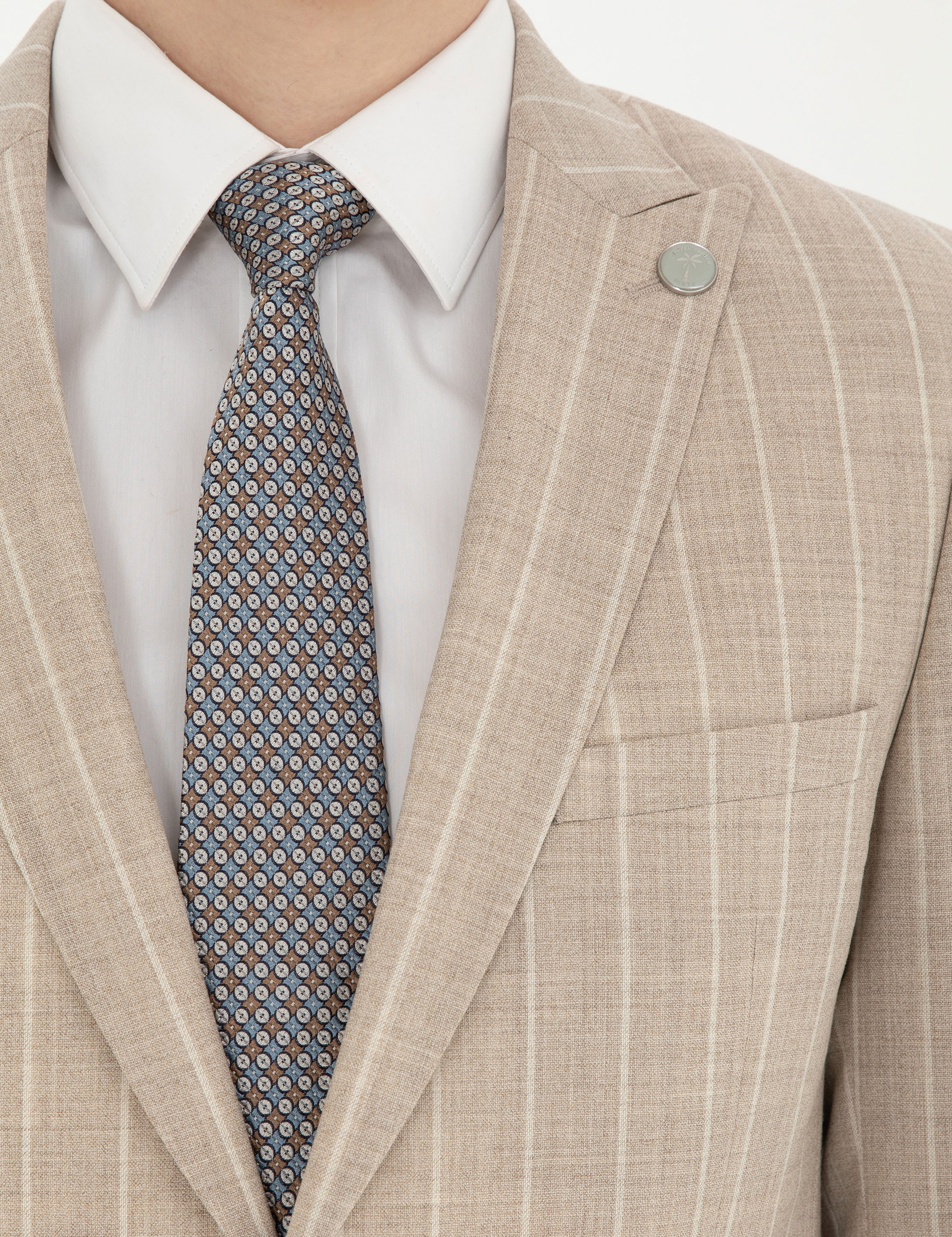 Bej Ekstra Slim Fit Çizgili Yün Takım Elbise