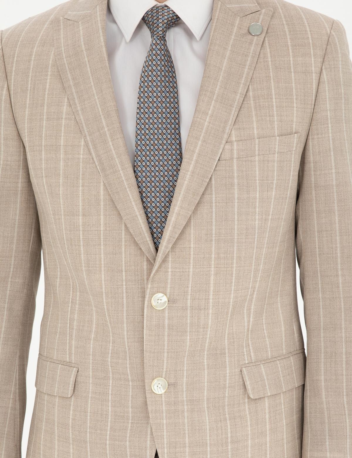 Bej Ekstra Slim Fit Çizgili Yün Takım Elbise - 50285416008