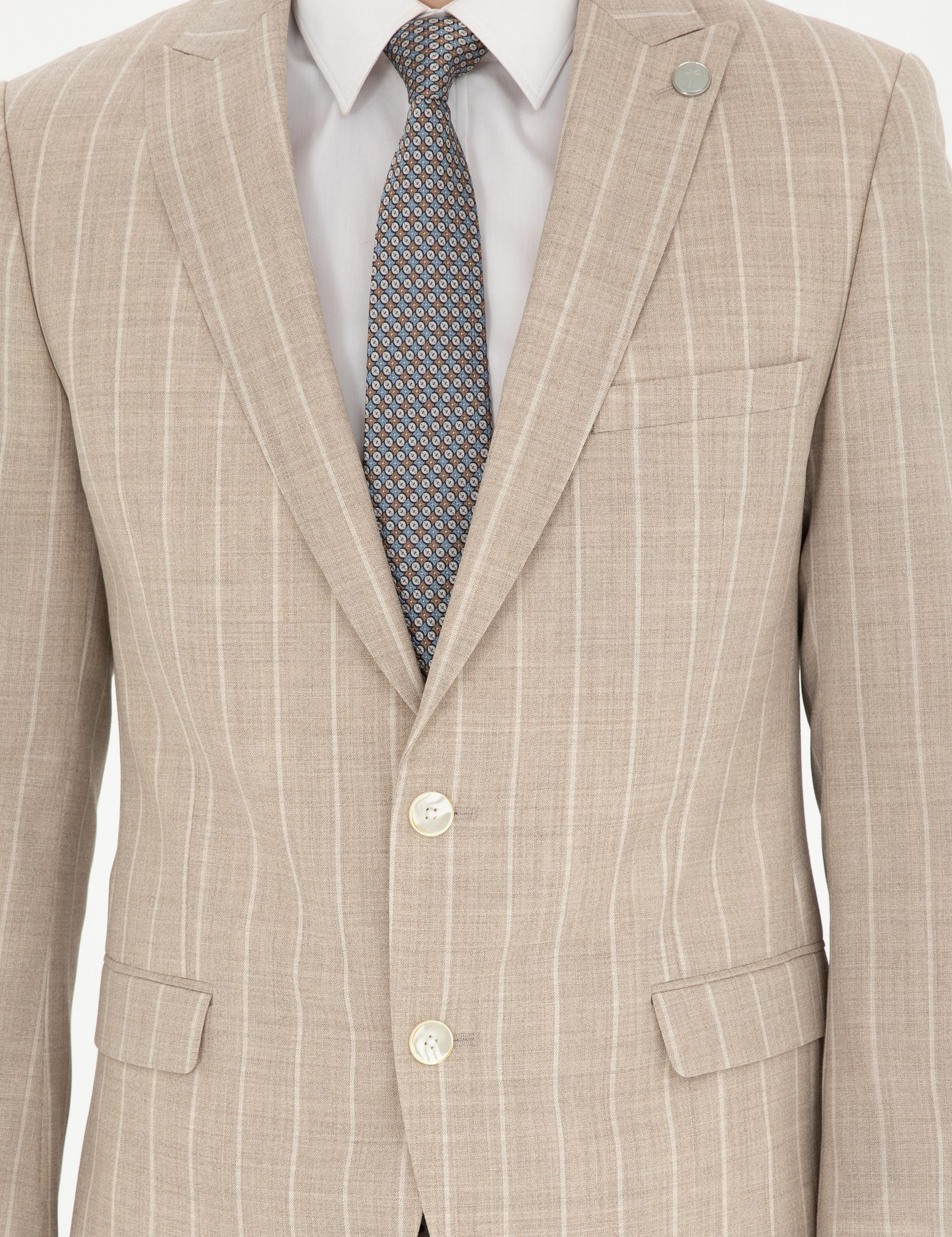 Bej Ekstra Slim Fit Çizgili Yün Takım Elbise