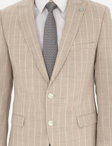 Bej Ekstra Slim Fit Çizgili Yün Takım Elbise