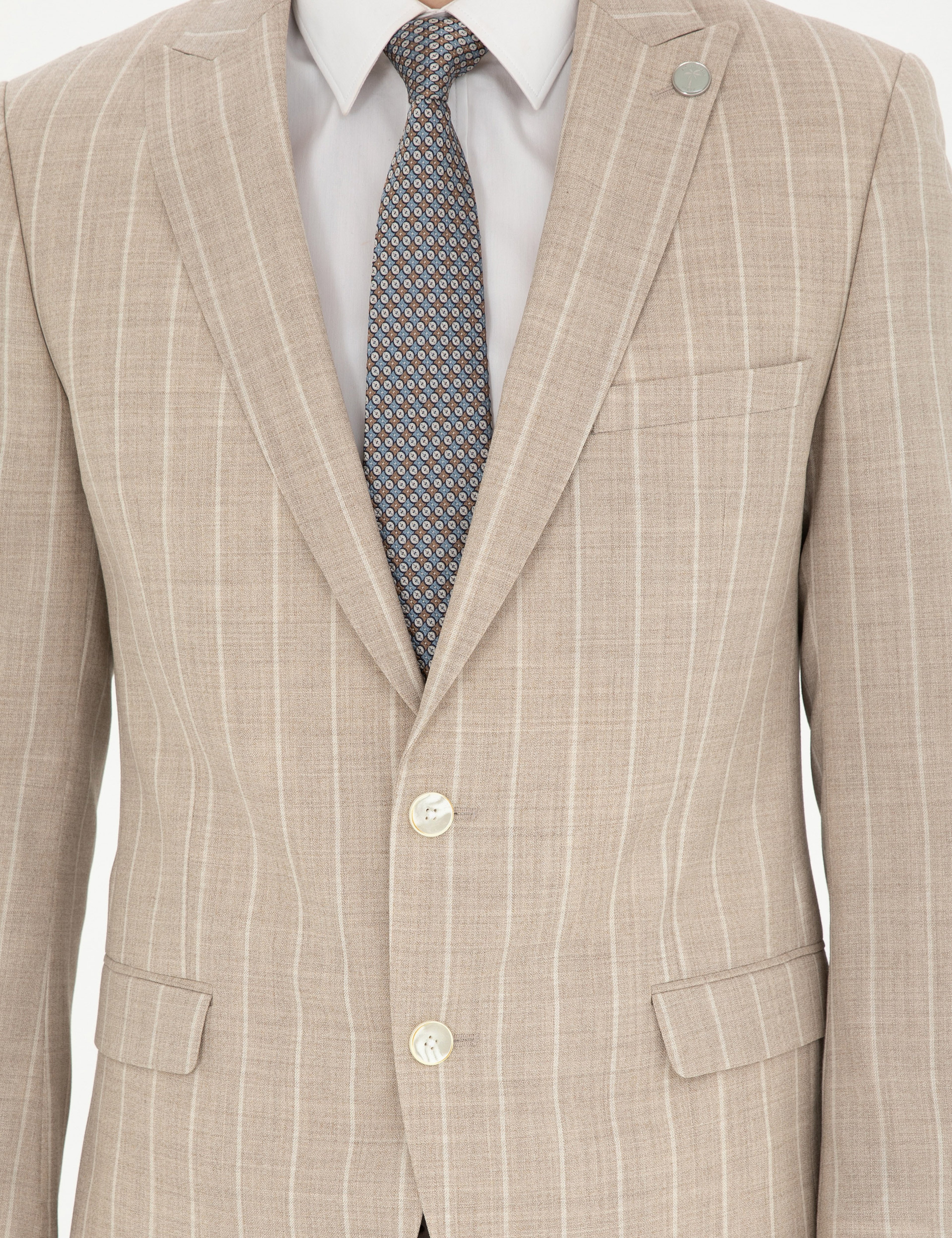 Bej Ekstra Slim Fit Çizgili Yün Takım Elbise - Image 6