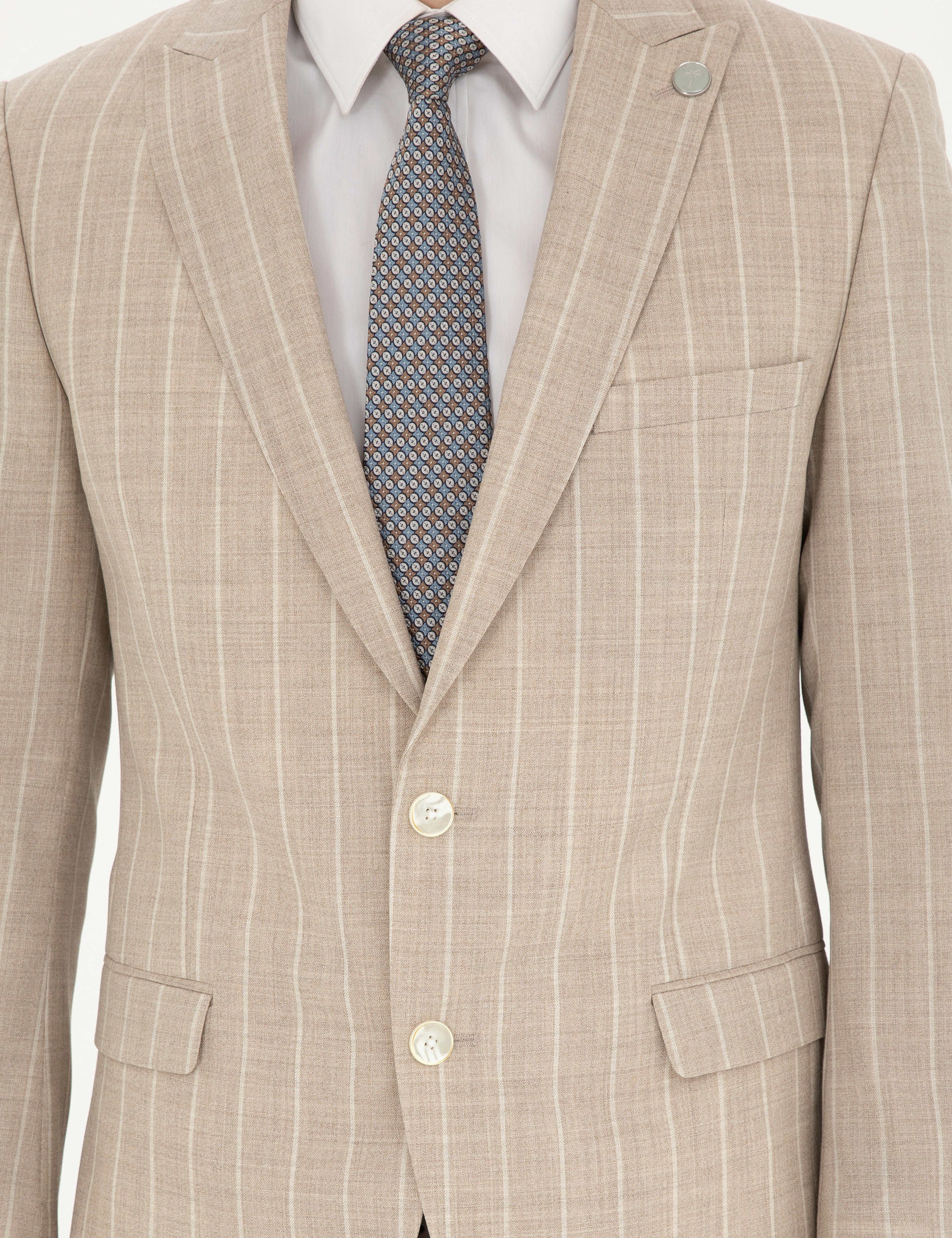 Bej Ekstra Slim Fit Çizgili Yün Takım Elbise