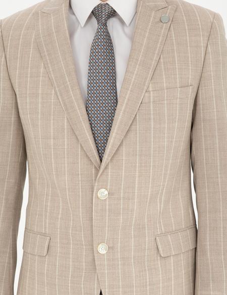 Bej Ekstra Slim Fit Çizgili Yün Takım Elbise - 50285416008