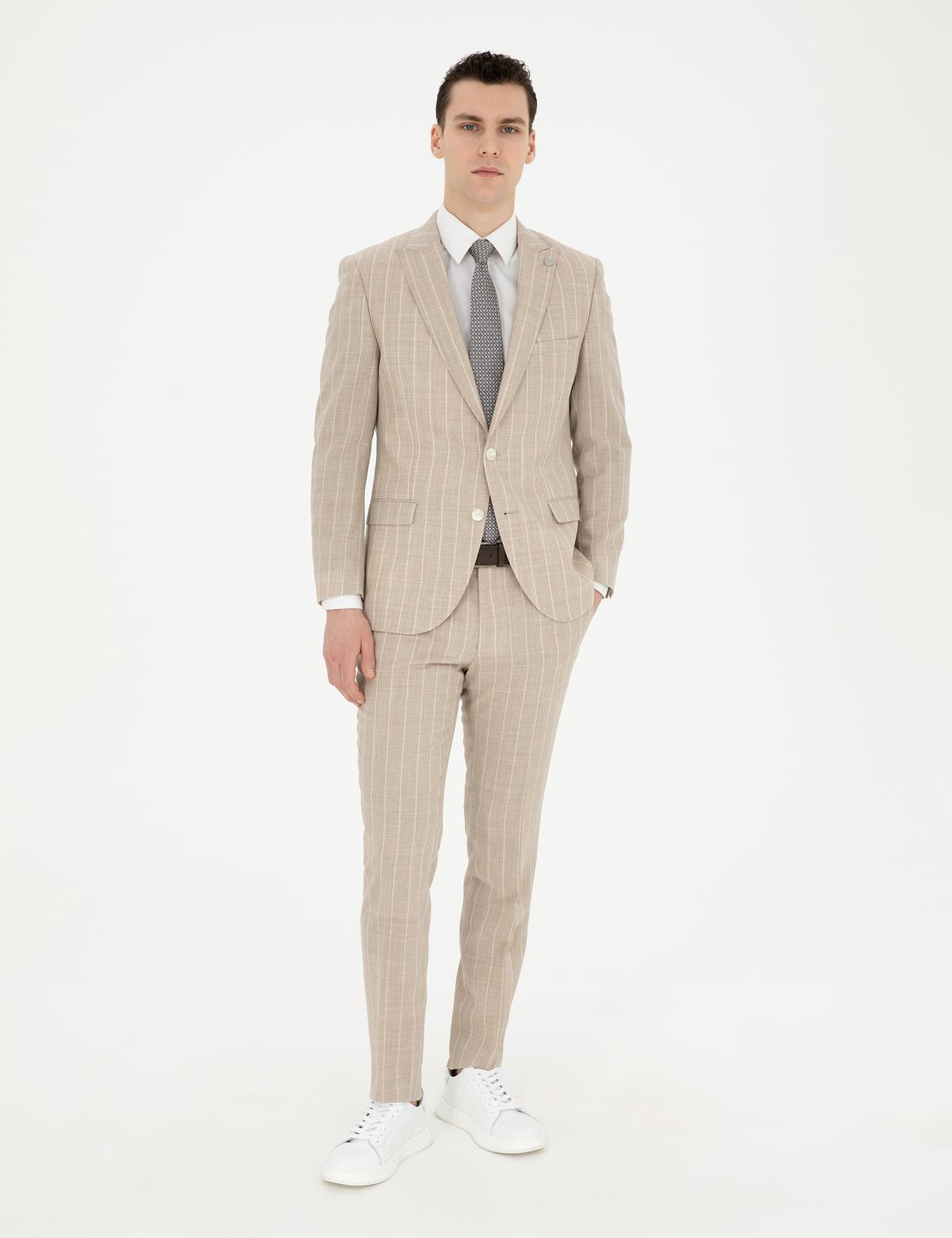 Bej Ekstra Slim Fit Çizgili Yün Takım Elbise