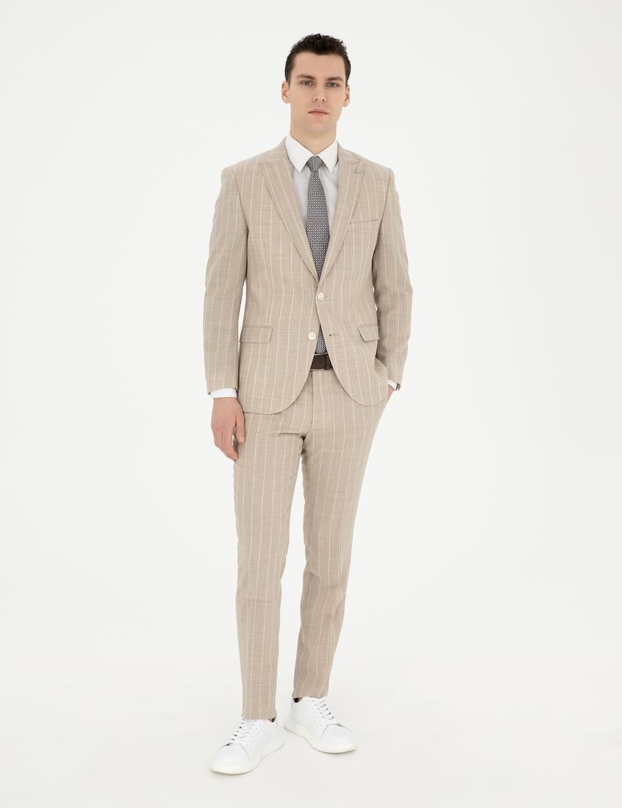 Bej Ekstra Slim Fit Çizgili Yün Takım Elbise