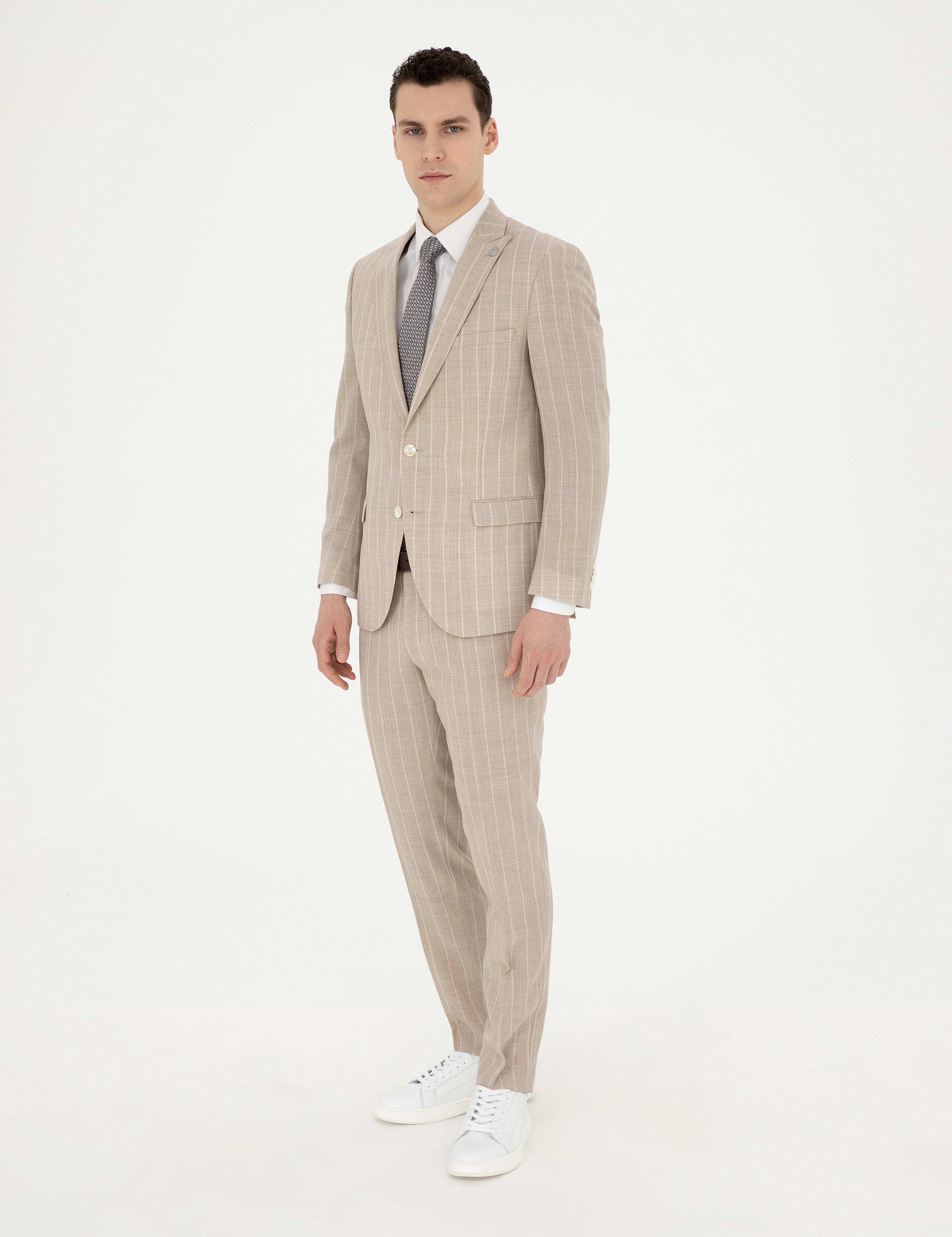 Bej Ekstra Slim Fit Çizgili Yün Takım Elbise - Image 3