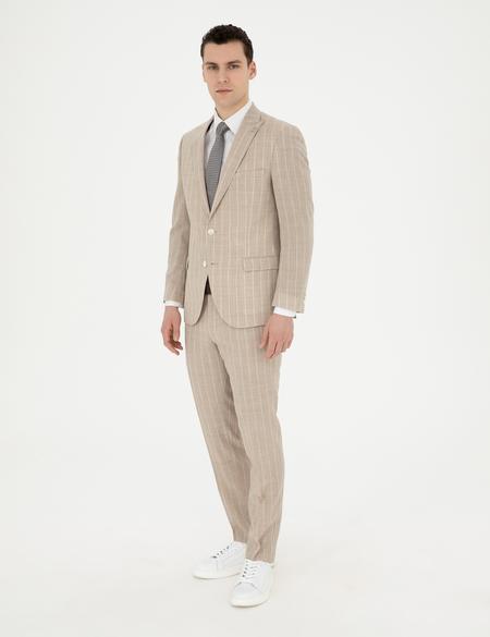 Bej Ekstra Slim Fit Çizgili Yün Takım Elbise - 50285416008