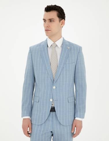 Açık Mavi Ekstra Slim Fit Çizgili Yün Takım Elbise