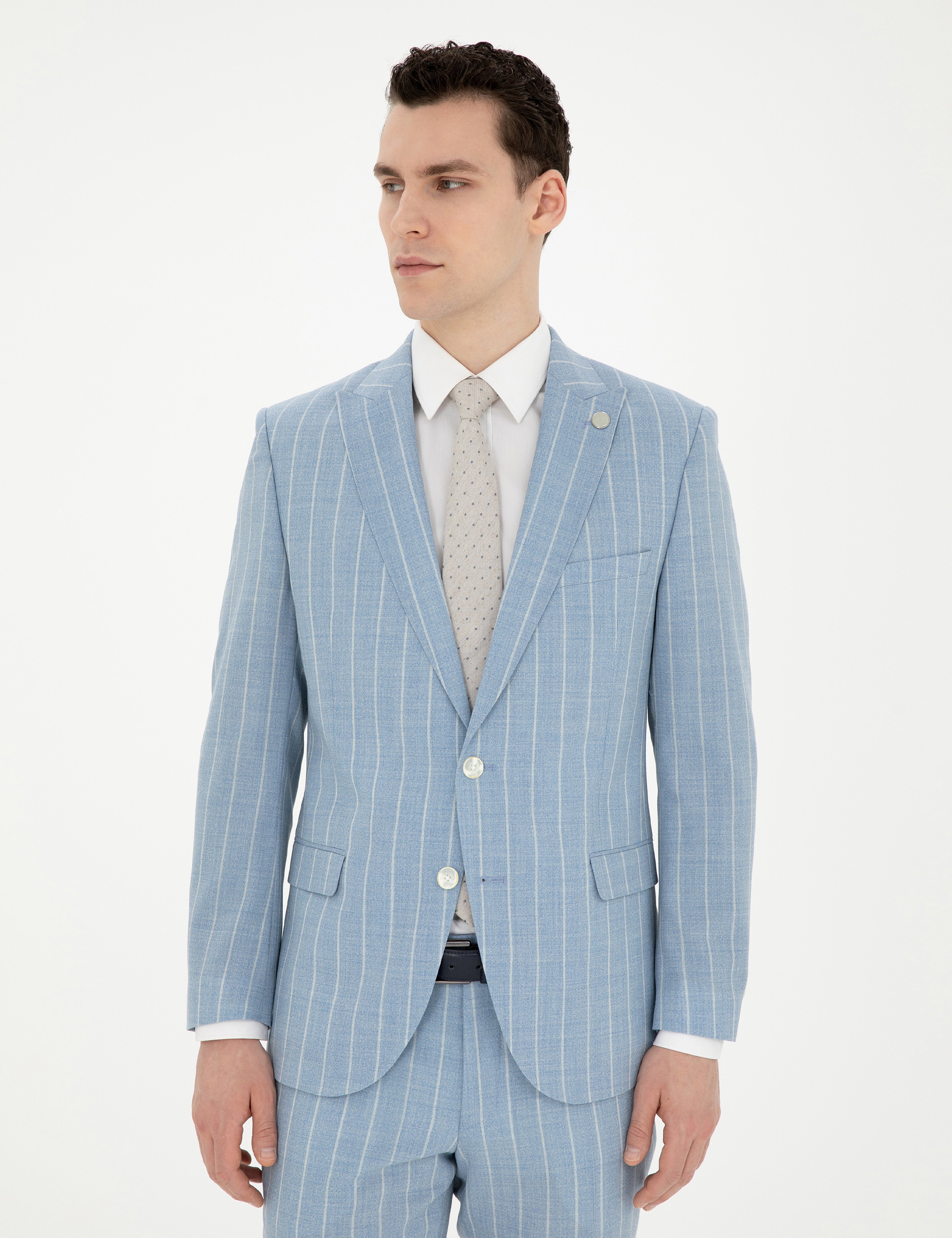 Açık Mavi Ekstra Slim Fit Çizgili Yün Takım Elbise