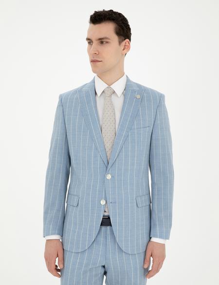 Açık Mavi Ekstra Slim Fit Çizgili Yün Takım Elbise - 50285416053