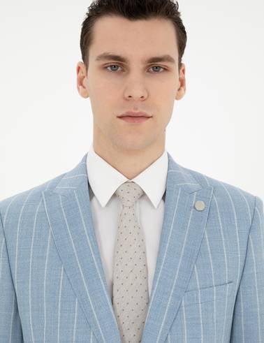 Açık Mavi Ekstra Slim Fit Çizgili Yün Takım Elbise