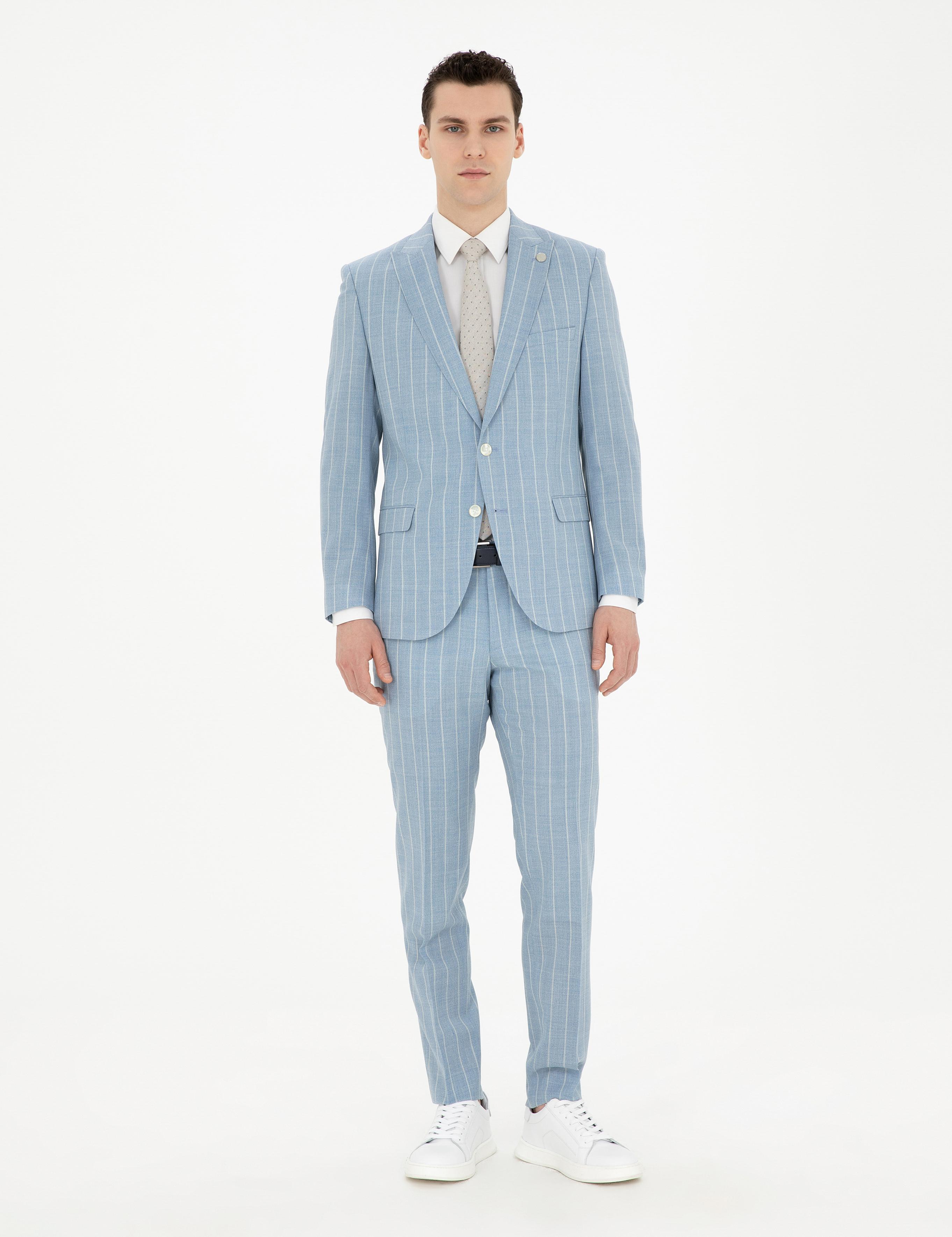 Açık Mavi Ekstra Slim Fit Çizgili Yün Takım Elbise