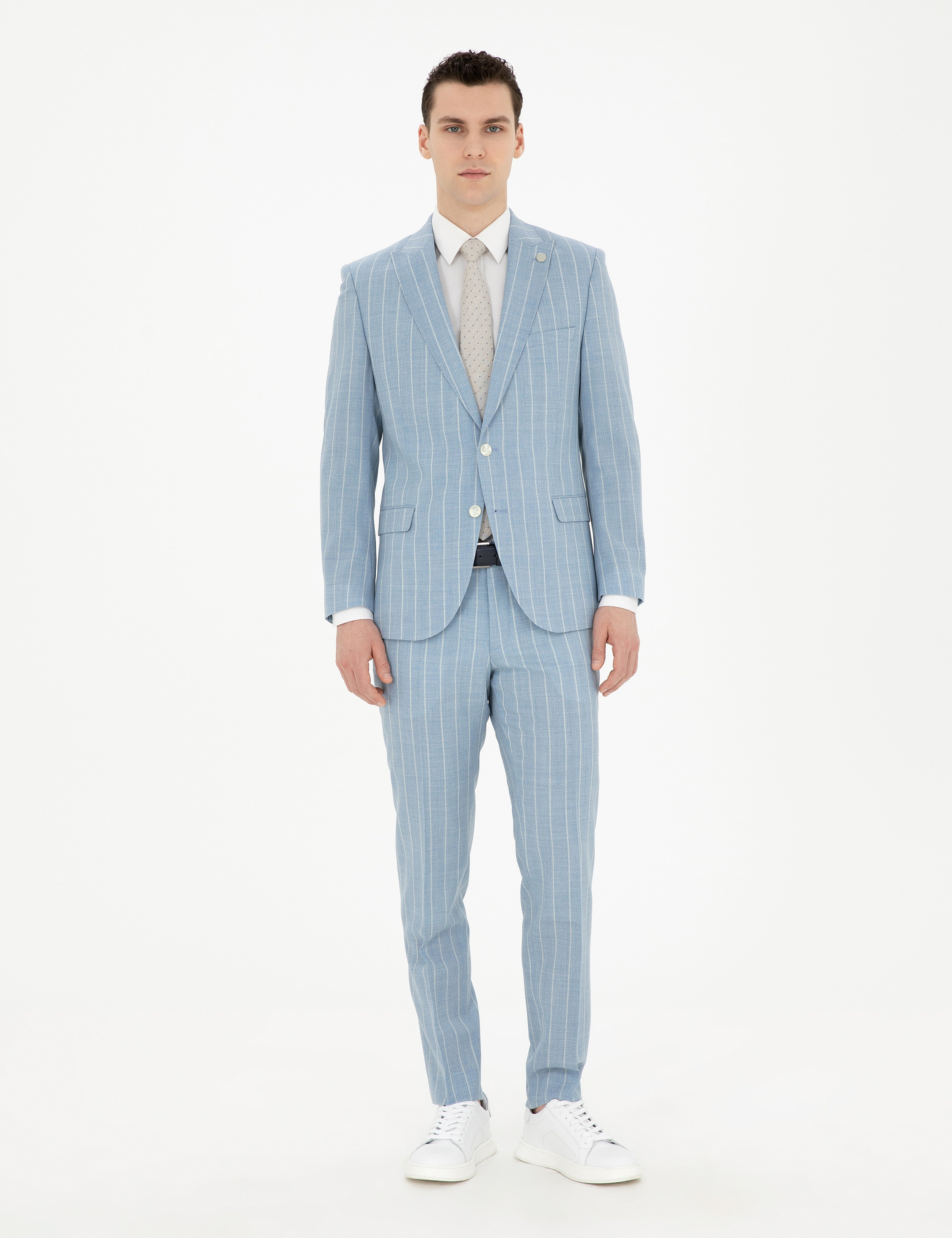 Açık Mavi Ekstra Slim Fit Çizgili Yün Takım Elbise - Image 1