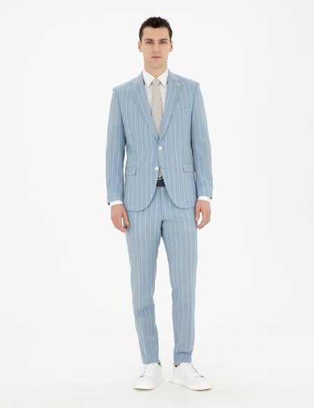 Açık Mavi Ekstra Slim Fit Çizgili Yün Takım Elbise - 50285416053