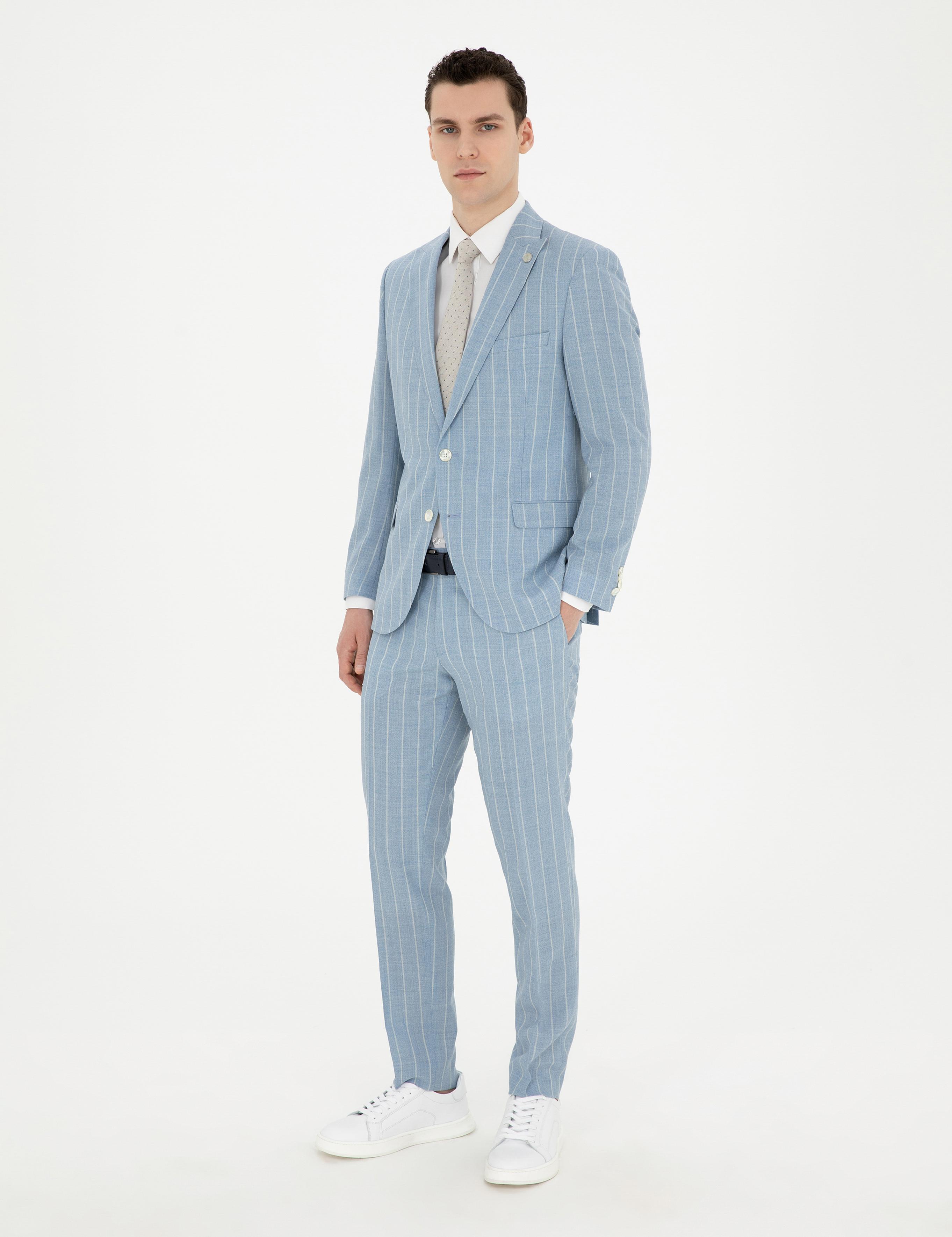 Açık Mavi Ekstra Slim Fit Çizgili Yün Takım Elbise