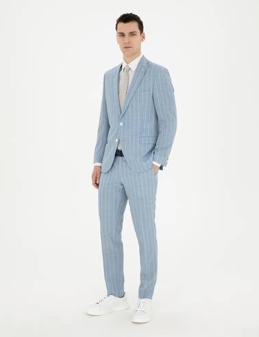 Açık Mavi Ekstra Slim Fit Çizgili Yün Takım Elbise
