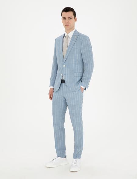 Açık Mavi Ekstra Slim Fit Çizgili Yün Takım Elbise - 50285416053