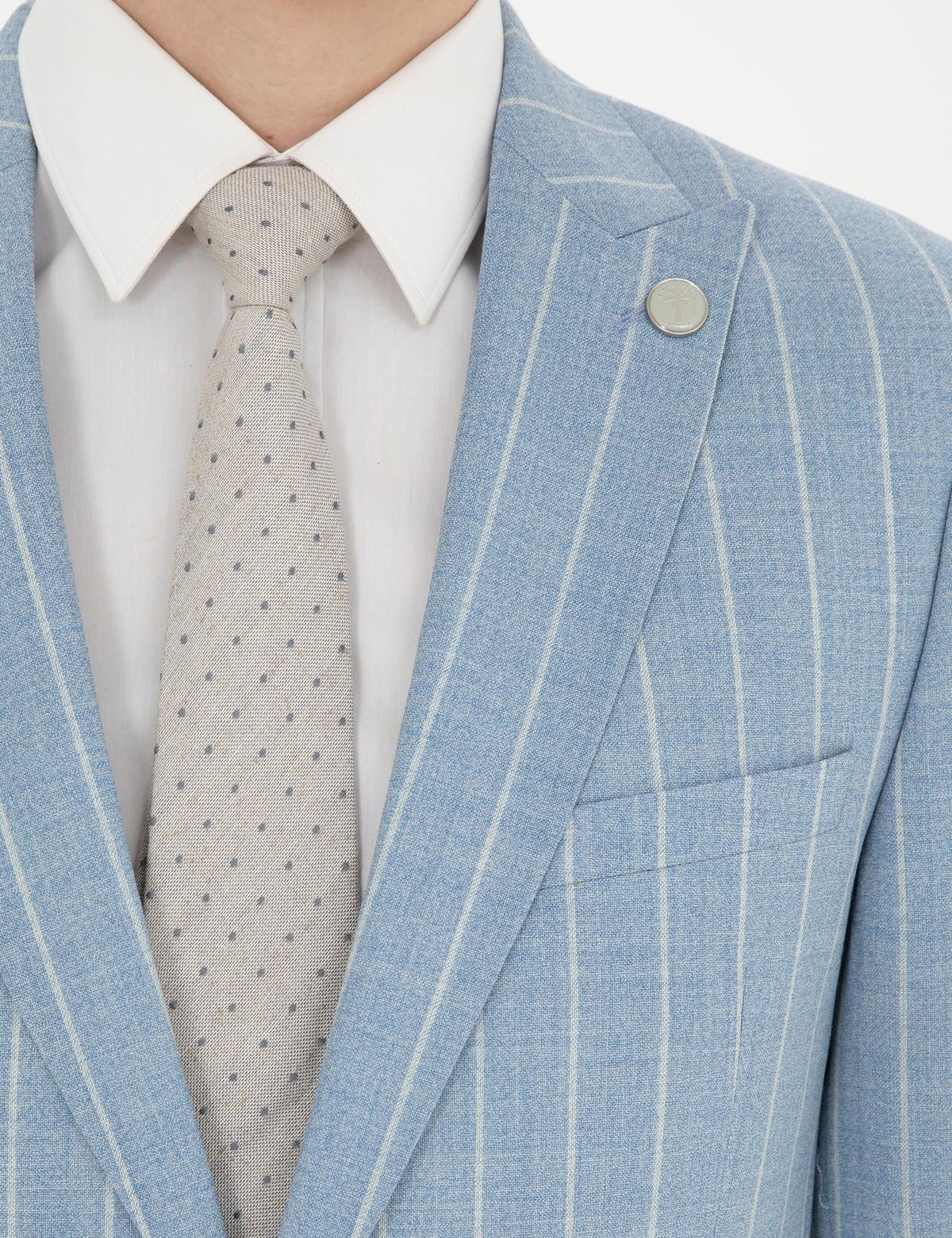 Açık Mavi Ekstra Slim Fit Çizgili Yün Takım Elbise - 50285416053