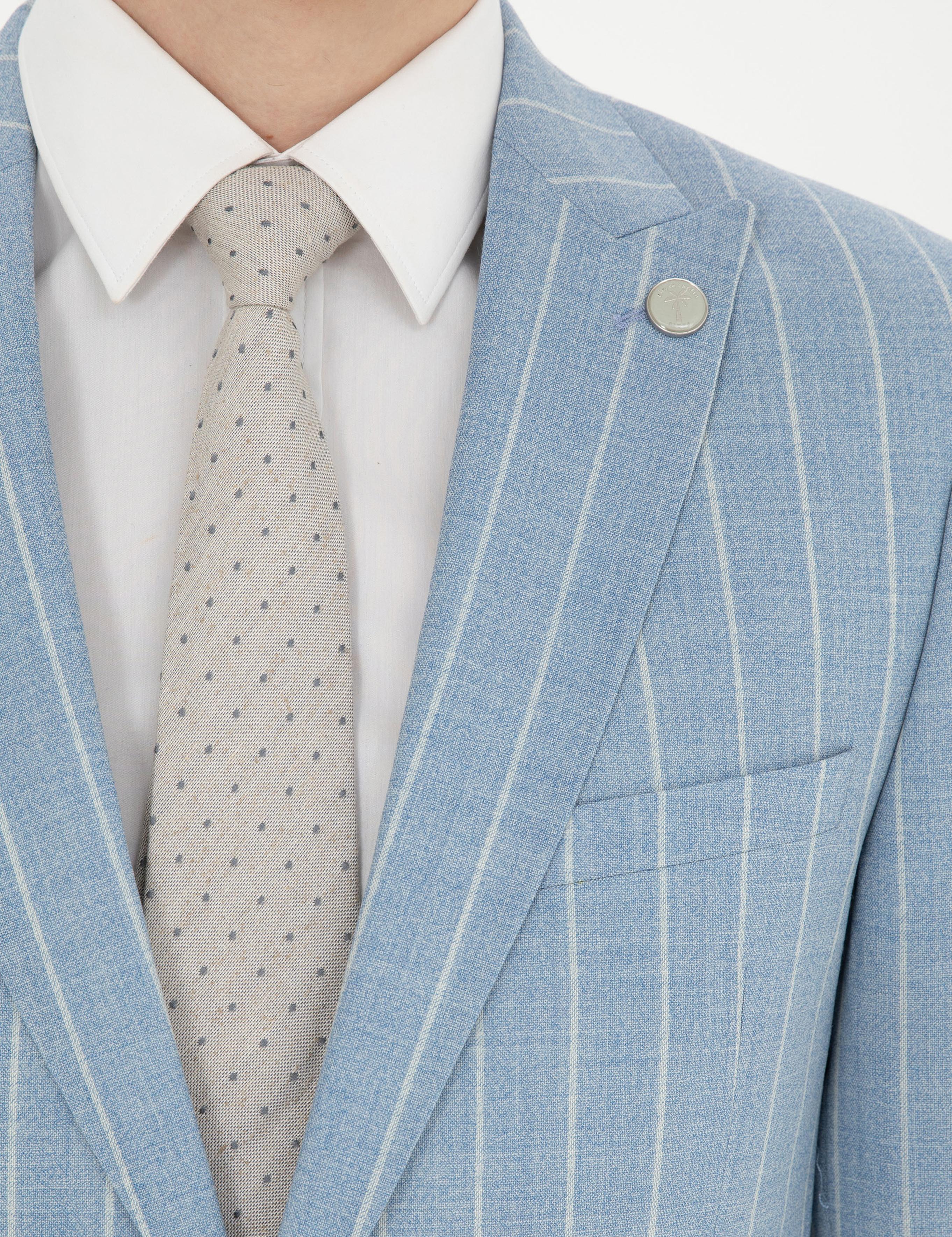 Açık Mavi Ekstra Slim Fit Çizgili Yün Takım Elbise