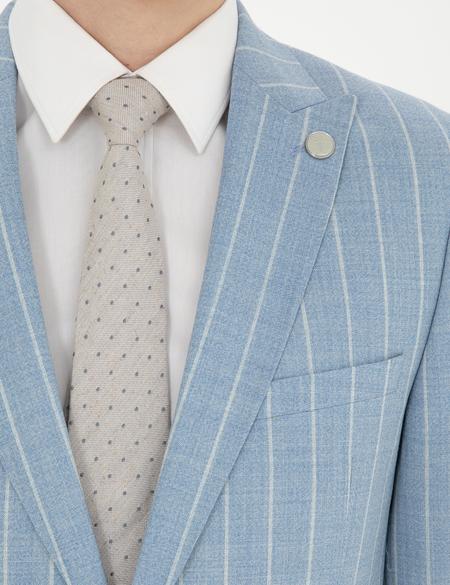 Açık Mavi Ekstra Slim Fit Çizgili Yün Takım Elbise - 50285416053
