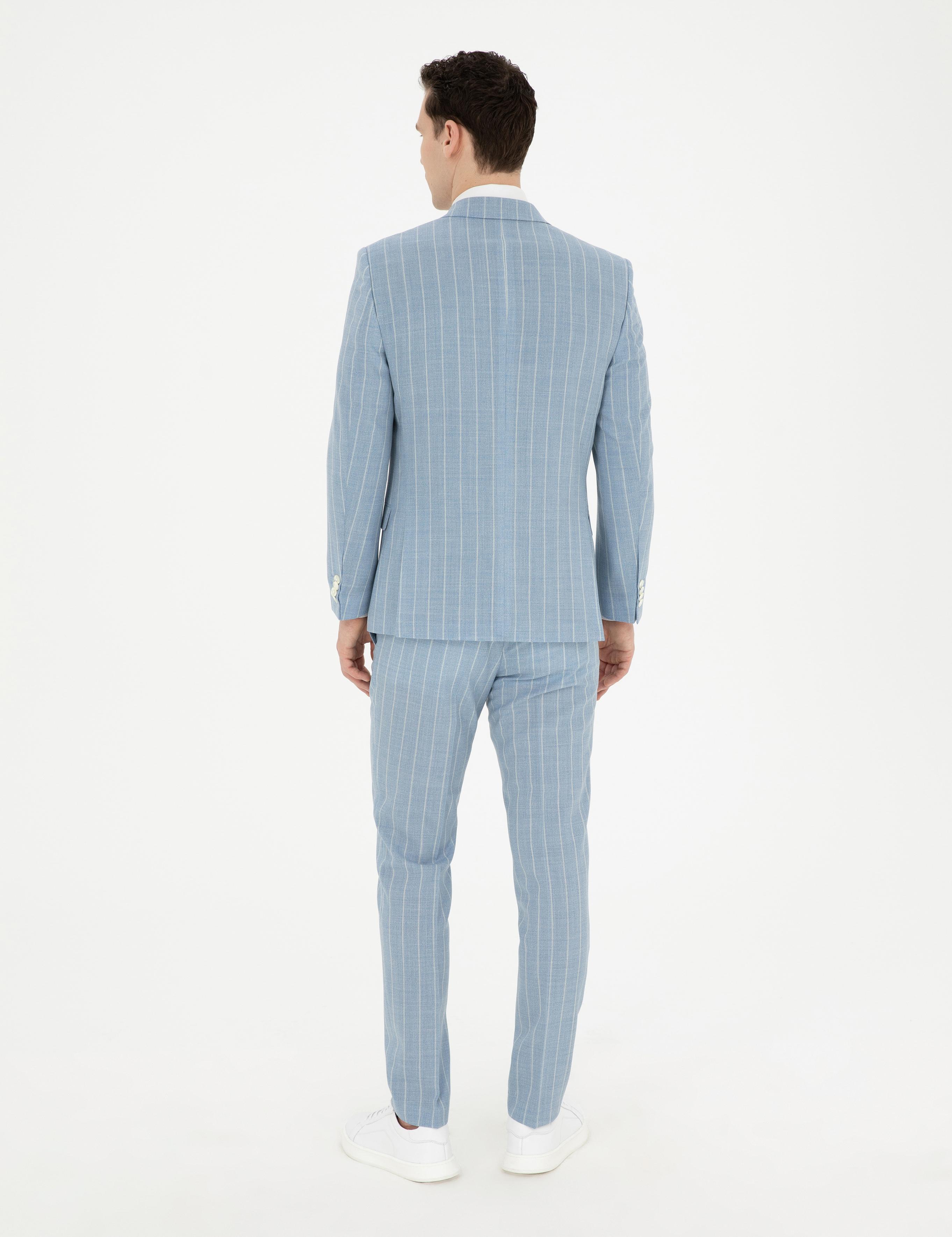 Açık Mavi Ekstra Slim Fit Çizgili Yün Takım Elbise