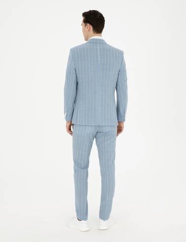 Açık Mavi Ekstra Slim Fit Çizgili Yün Takım Elbise