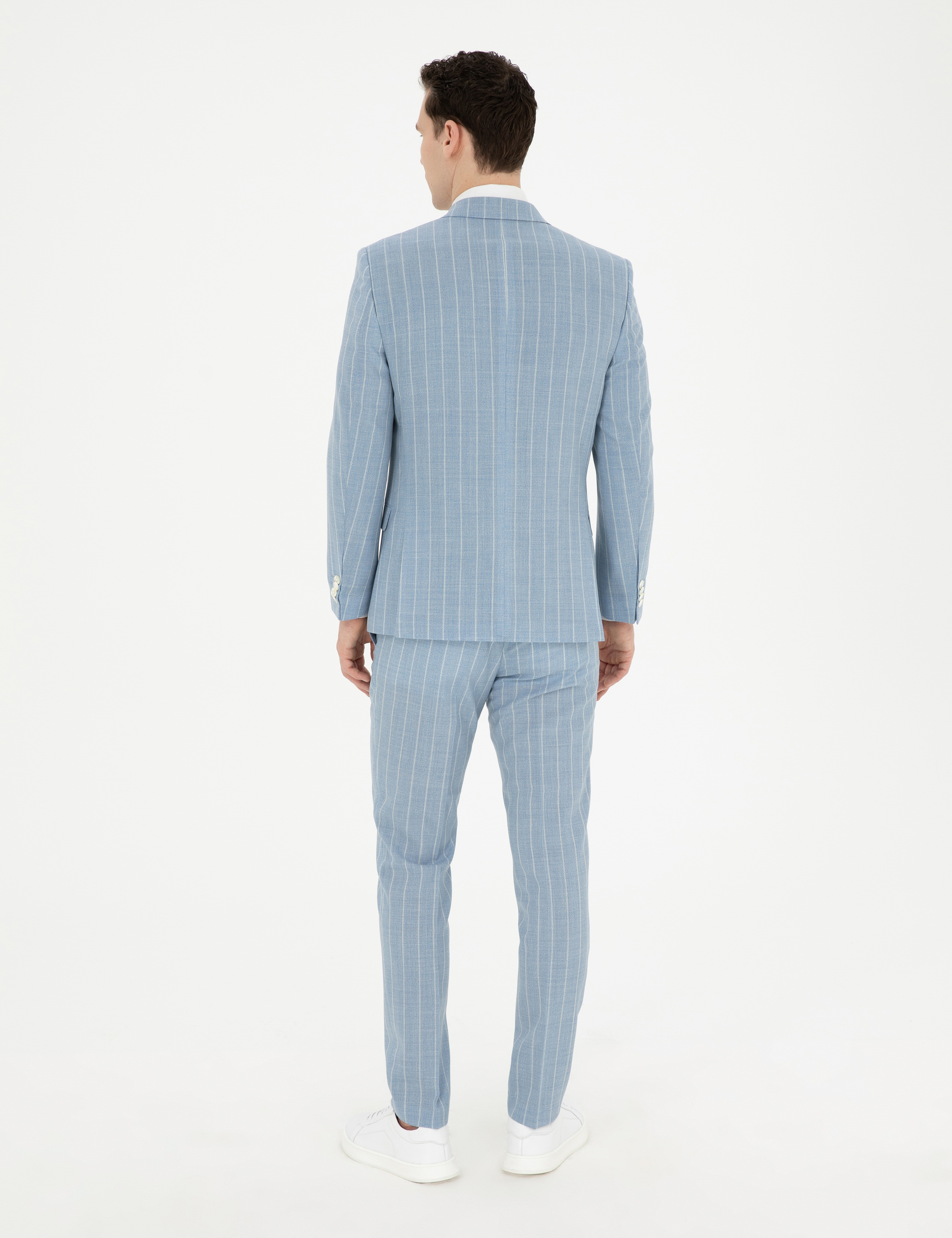 Açık Mavi Ekstra Slim Fit Çizgili Yün Takım Elbise - Image 5