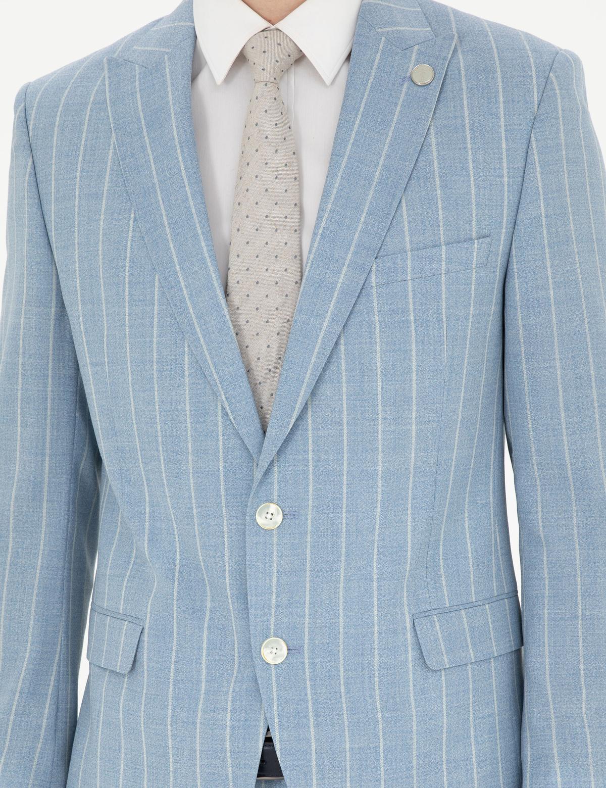 Açık Mavi Ekstra Slim Fit Çizgili Yün Takım Elbise - 50285416053