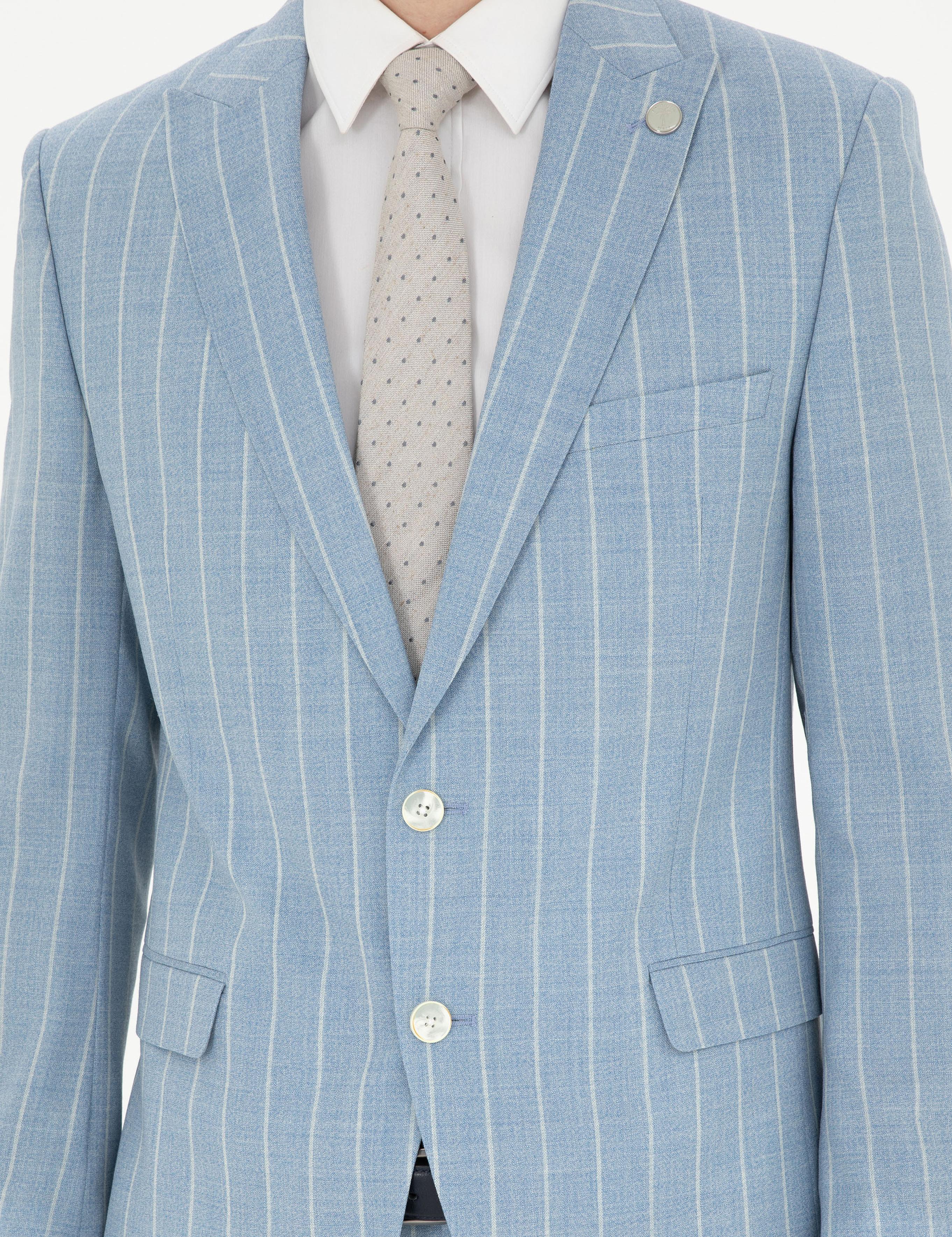 Açık Mavi Ekstra Slim Fit Çizgili Yün Takım Elbise