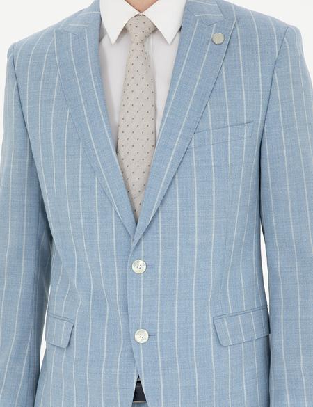 Açık Mavi Ekstra Slim Fit Çizgili Yün Takım Elbise - 50285416053